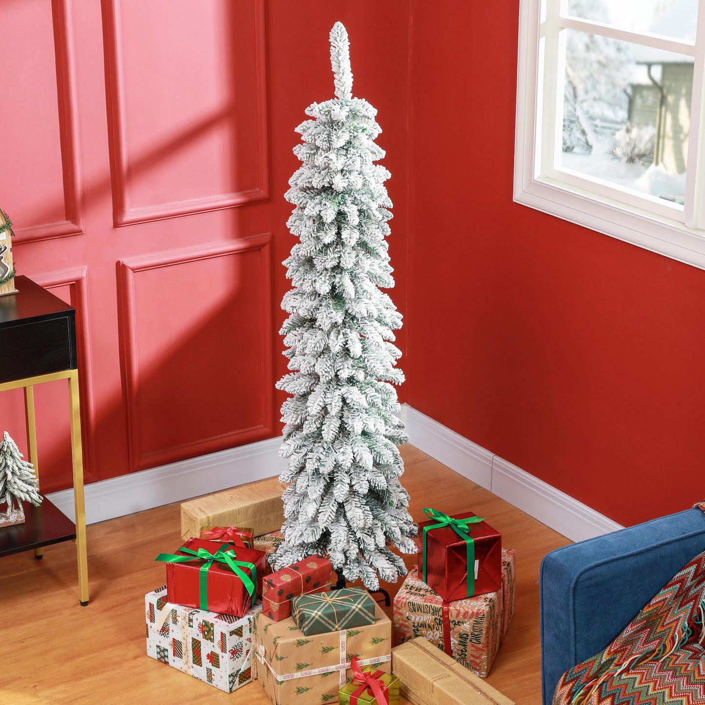HOMCOM 5ft Snow-Flocked Artificial Christmas Tree, Slim Pencil Xmas Tree with 301 Realistic Branches, Metal Base, Pink