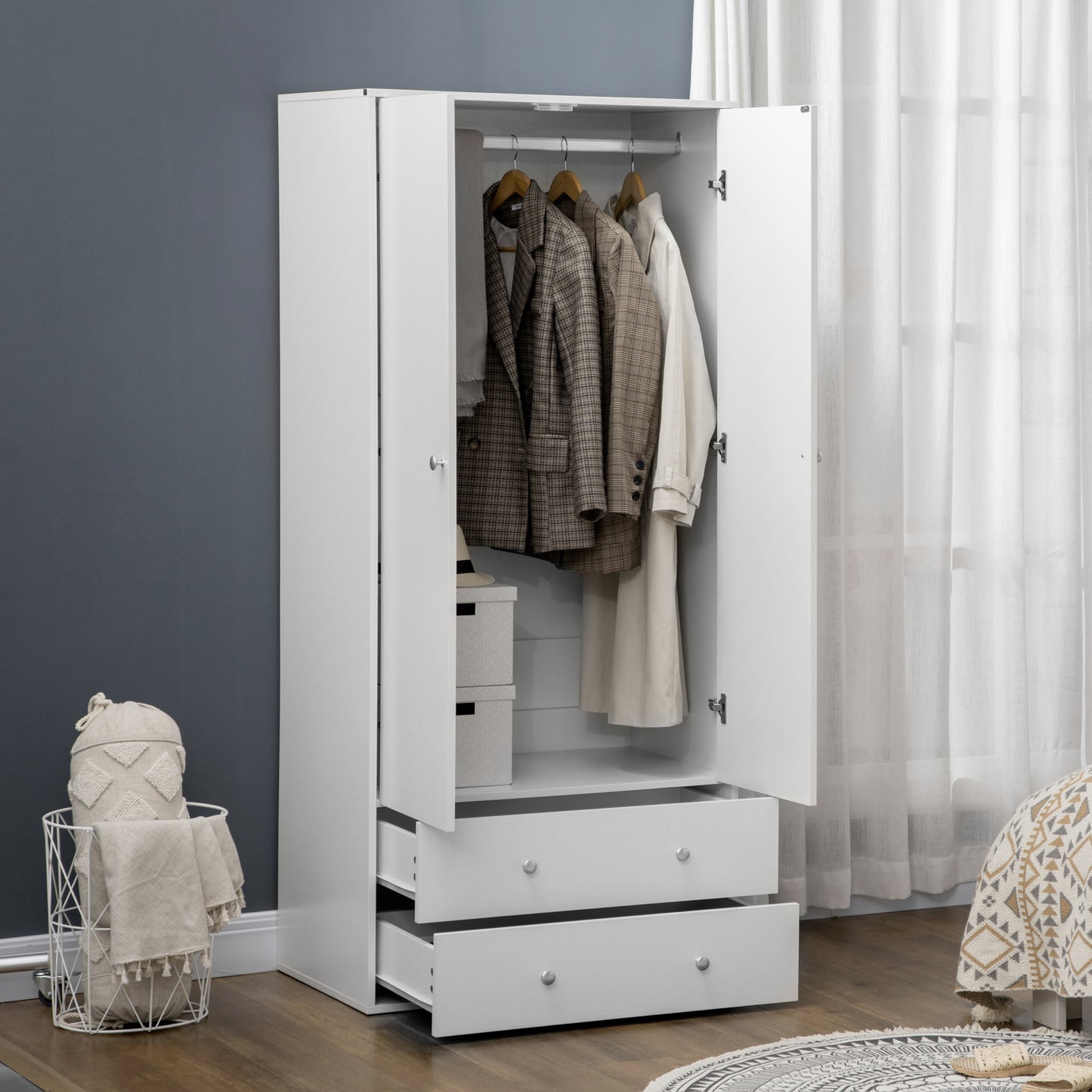 HOMCOM Modern Wardrobe Closet Armoire with 2 Drawers and Hanging Rod, Clothes Storage Organizer with Anti-tipping Design for Bedroom, White