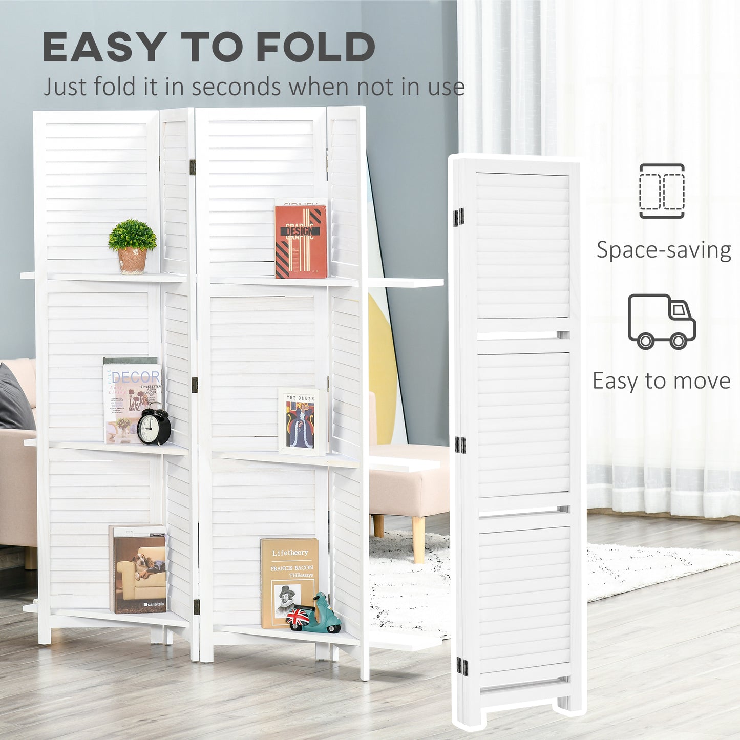 HOMCOM 4-Panel Wall Partition Room Separator with 3 Storage Shelves Foldable Design Wooden Frame 5.6FT White