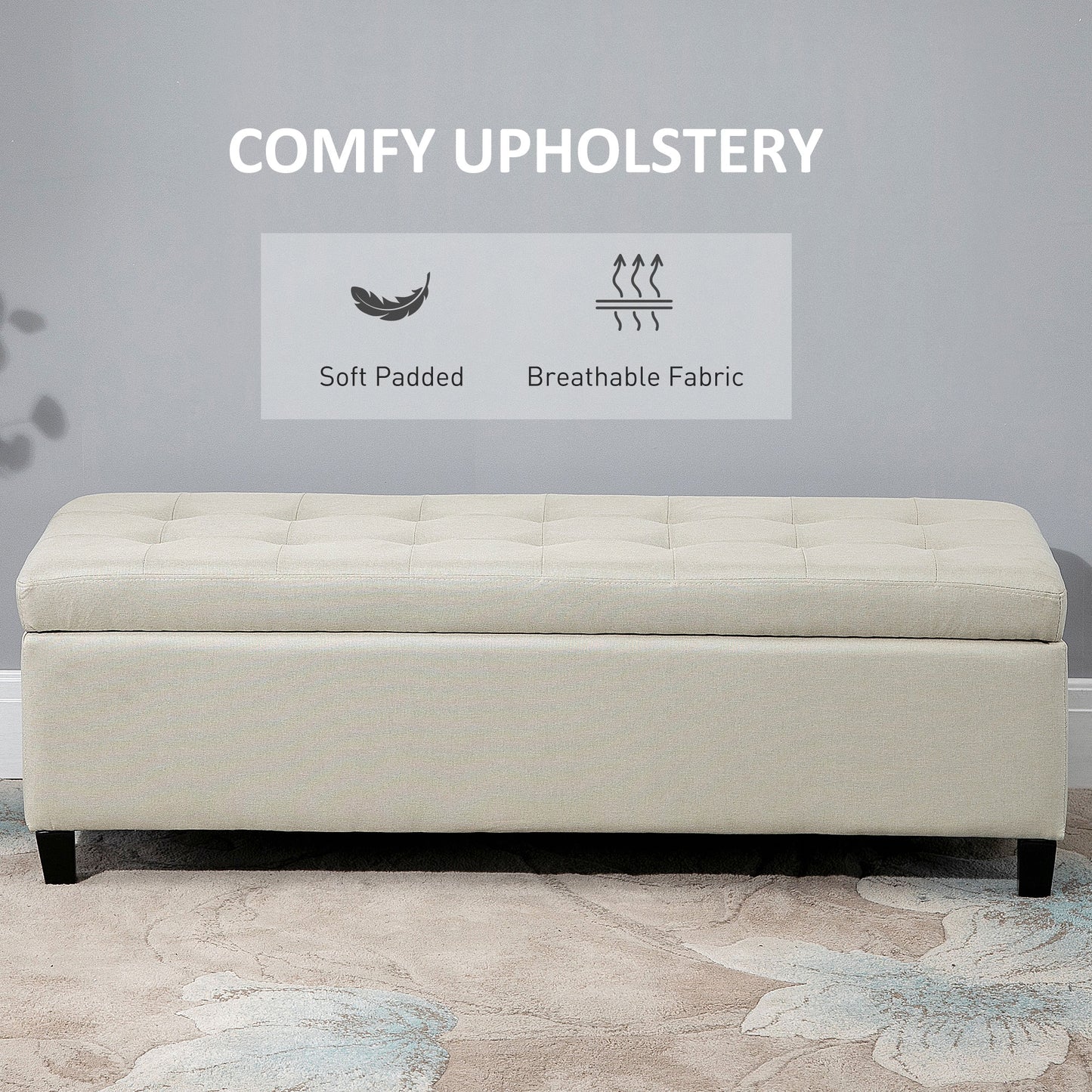 HOMCOM Rectangular Entry Bench, Tufted Upholstered Linen Fabric Wood Feet Storage Ottoman Bench, Beige