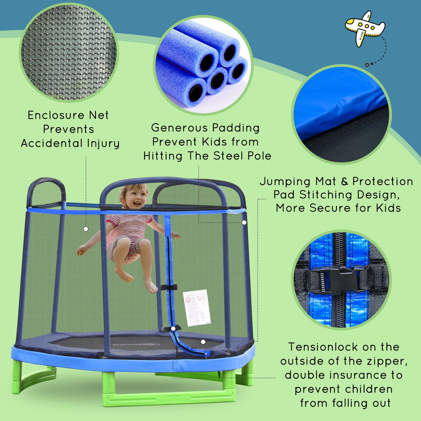 Outsunny 84.75" Kids Trampoline 7 FT Indoor Outdoor Trampolines with Safety Net Enclosure Built-in Zipper Padded Covering, for Boys and Girls, Red