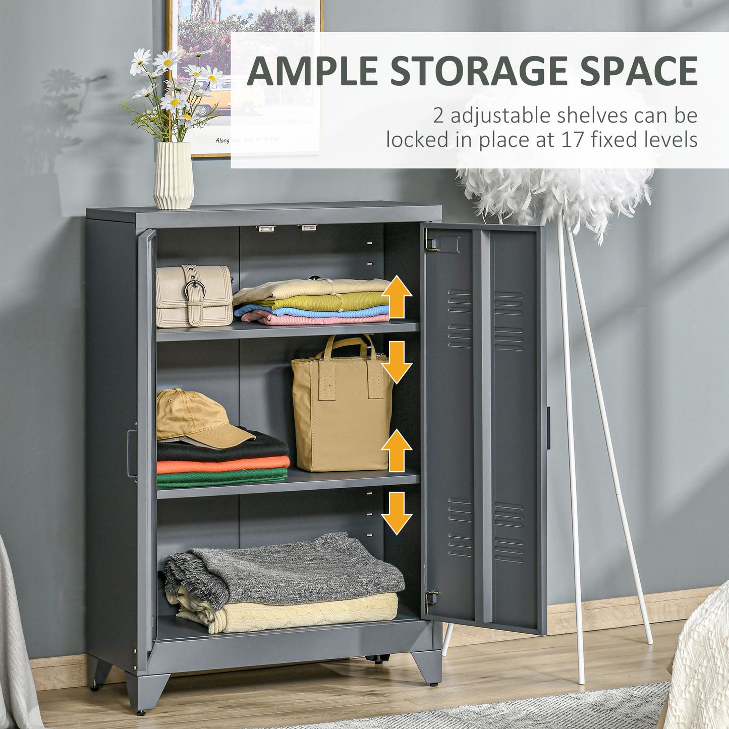 HOMCOM Metal Storage Cabinet, Industrial Sideboard Buffet Cabinet with 2 Louvered Doors, Adjustable Shelves, Grey