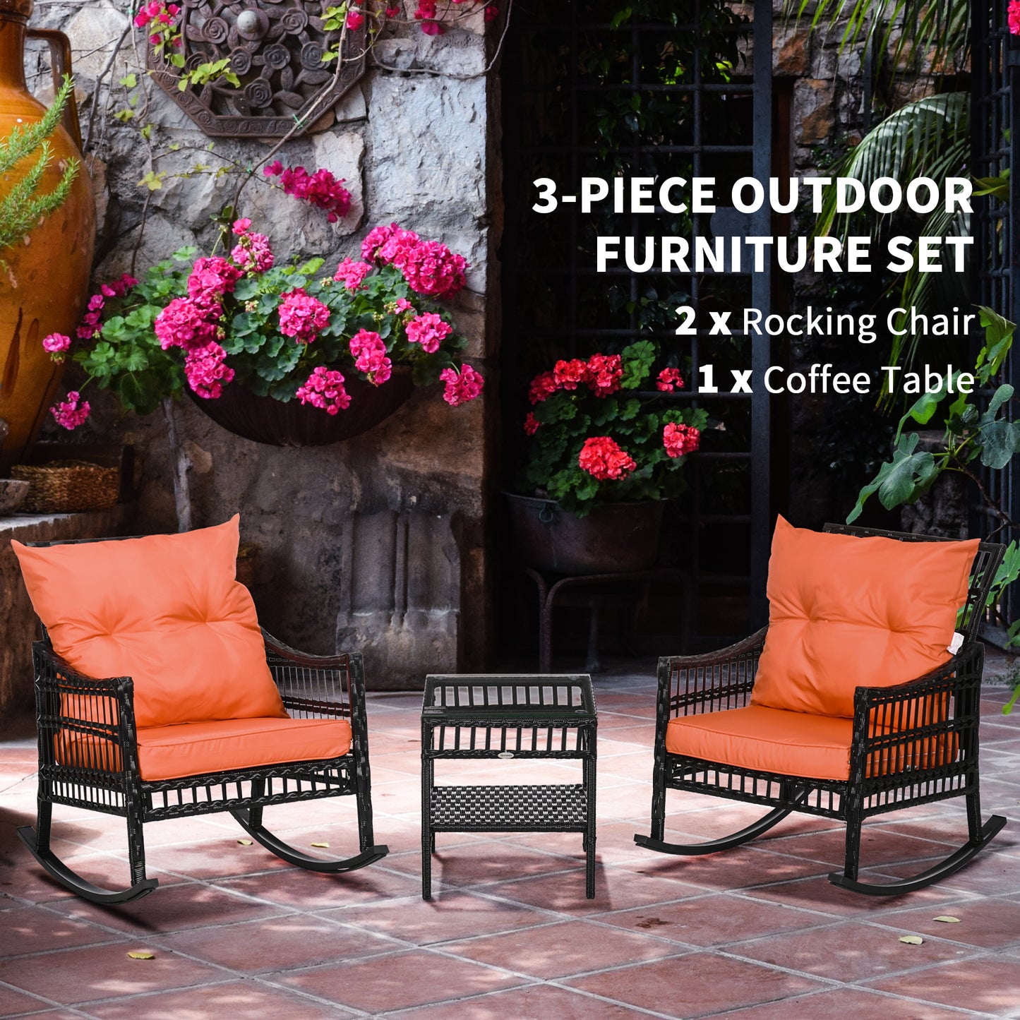 Outsunny 3 Pieces Outdoor PE Rattan Rocker Chair Set, Rocking Chair with Tempered Glass Table Top,25"x26"x28", Turquoise Green
