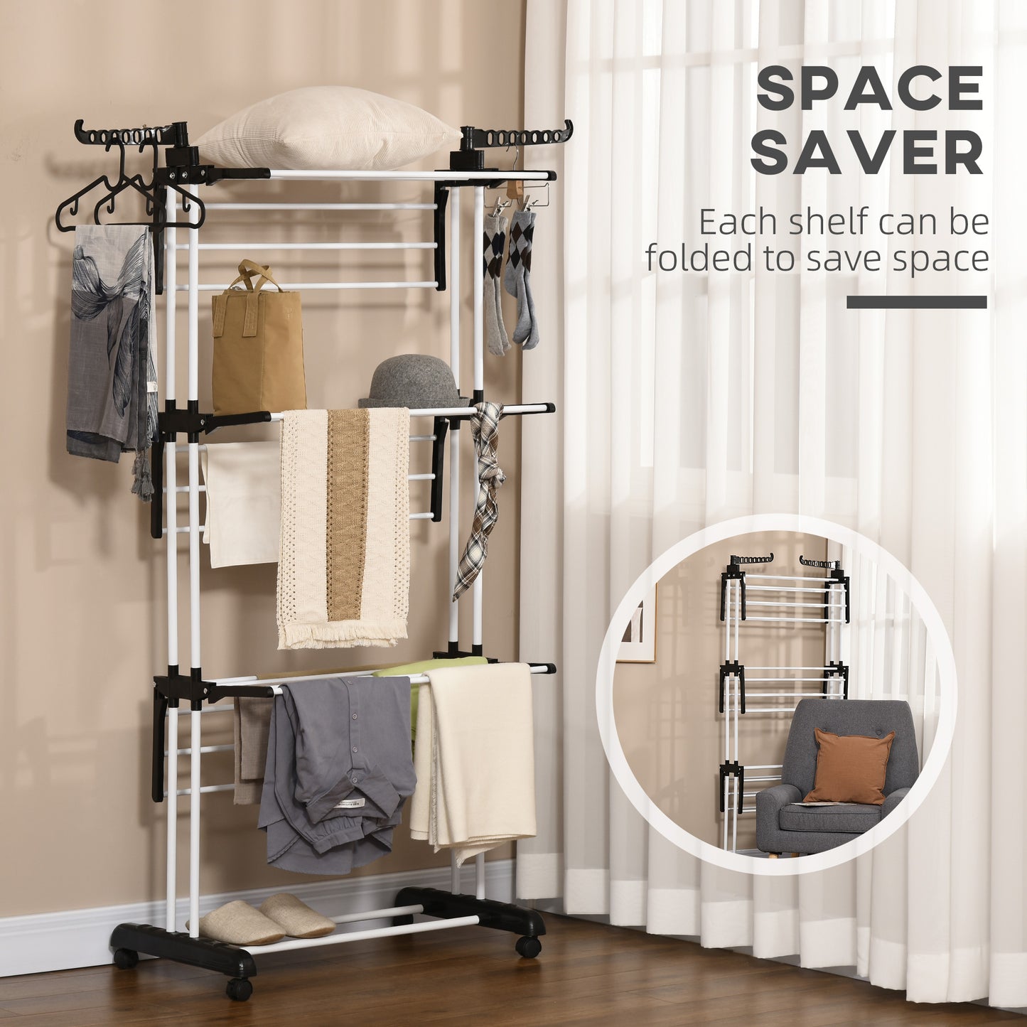 HOMCOM Foldable Clothes Drying Rack, 4-Tier Steel Laundry Rack for Drying Clothes with 2 Side Wings and 4 Castors, Indoor and Outdoor Use, Black
