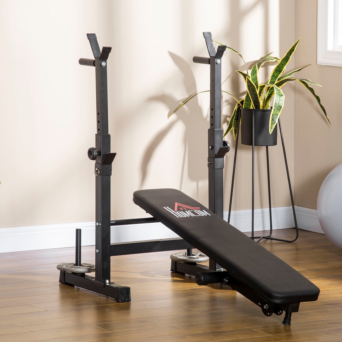 Soozier Adjustable Weight Bench, Foldable Bench Press with Barbell Rack and Dip Station for Home Gym, Strength Training Multiuse Workout Bench, Black and Grey