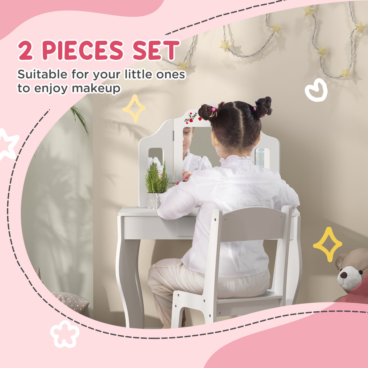 Qaba Kids Vanity Set, Dual-Use Dressing Table with Removable Tri-Folding Mirror and Drawer, for Ages 3-8, Pink