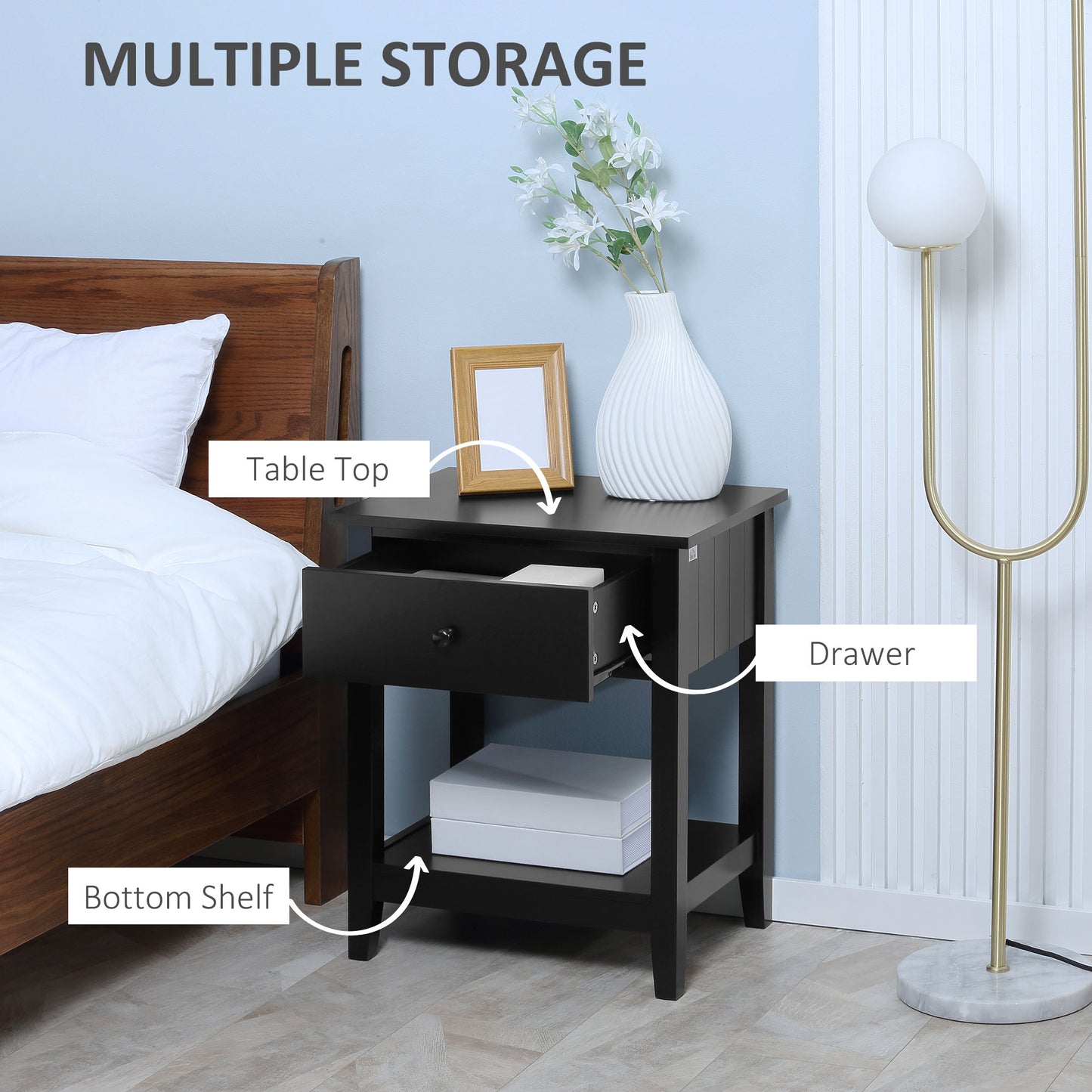 HOMCOM Modern Style Nightstand, Small End Table with Drawer and Storage Shelf for Bedroom, Living Room, White