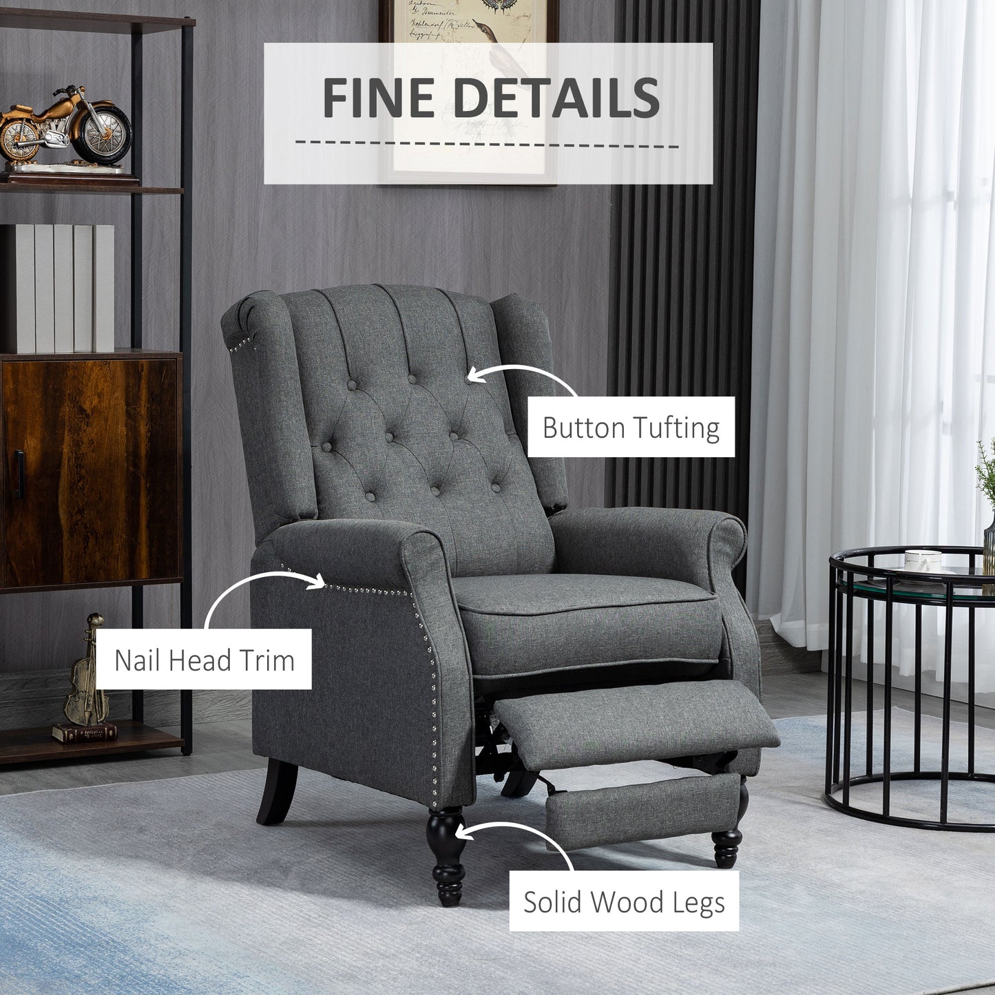 HOMCOM Wingback Reclining Chair with Footrest, Button Tufted Recliner Chair with Rolled Armrests for Living Room, Light Grey