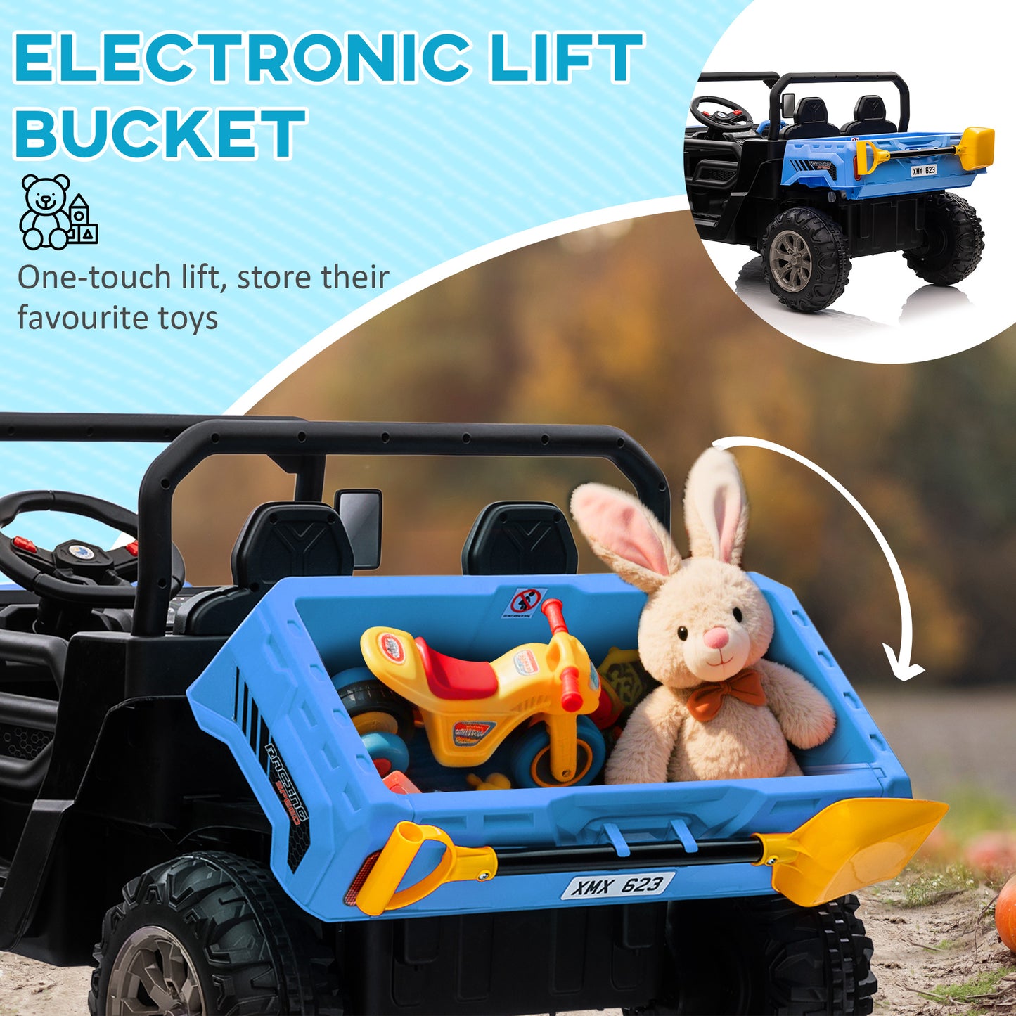 Aosom 12V Ride on Car with Electric Bucket, Two-Seater, Shovel, Remote Control, Spring Suspension, Horn, Music, Red