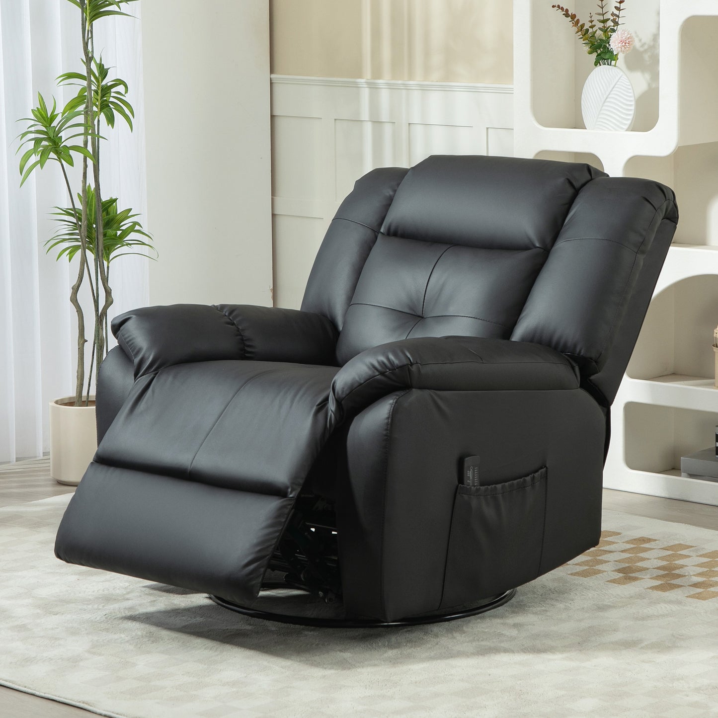 HOMCOM 8-Point Vibration Massage Recliner Chair for Living Room, PU Leather 360° Swivel Manual Reclining Sofa Rocking Chair with Remote Control, Side Pockets, Grey