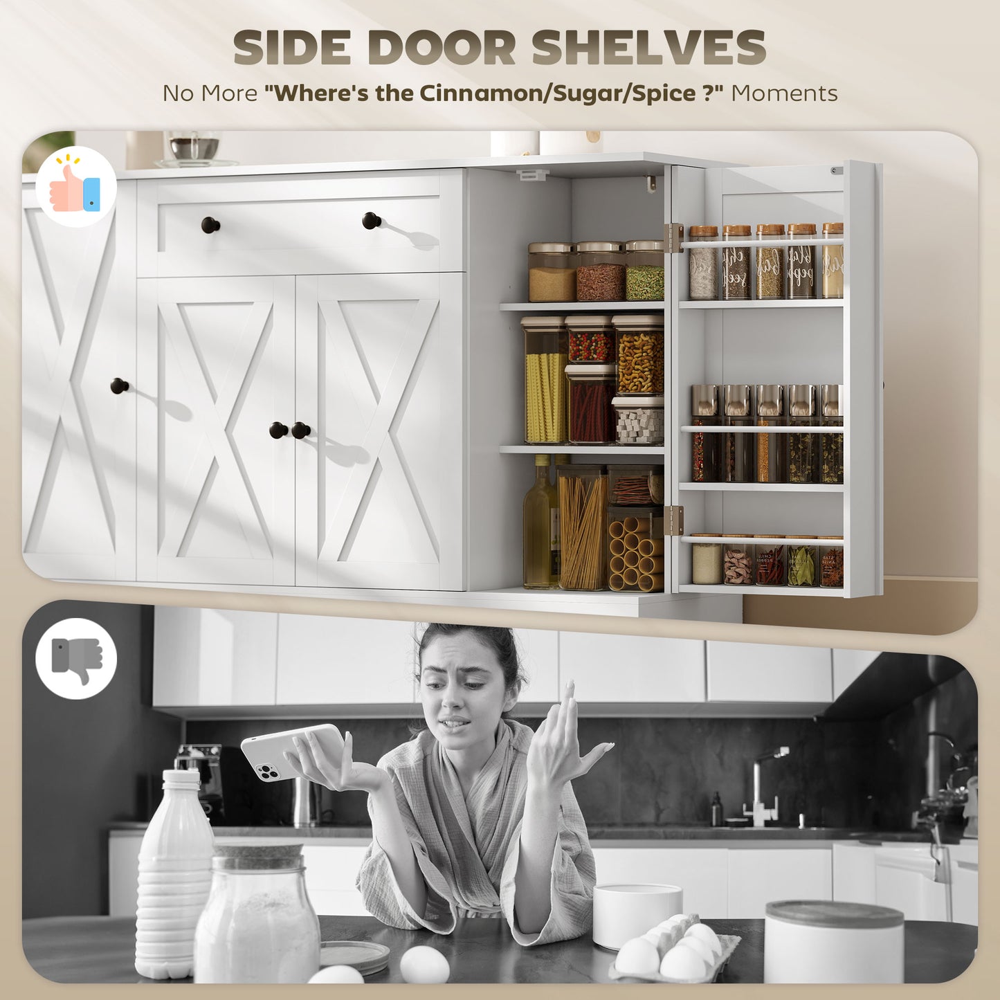 HOMCOM Sideboard Buffet Cabinet, Farmhouse Coffee Bar Cabinet with Door Shelves, Adjustable Shelves, Drawer, Barn Doors, White