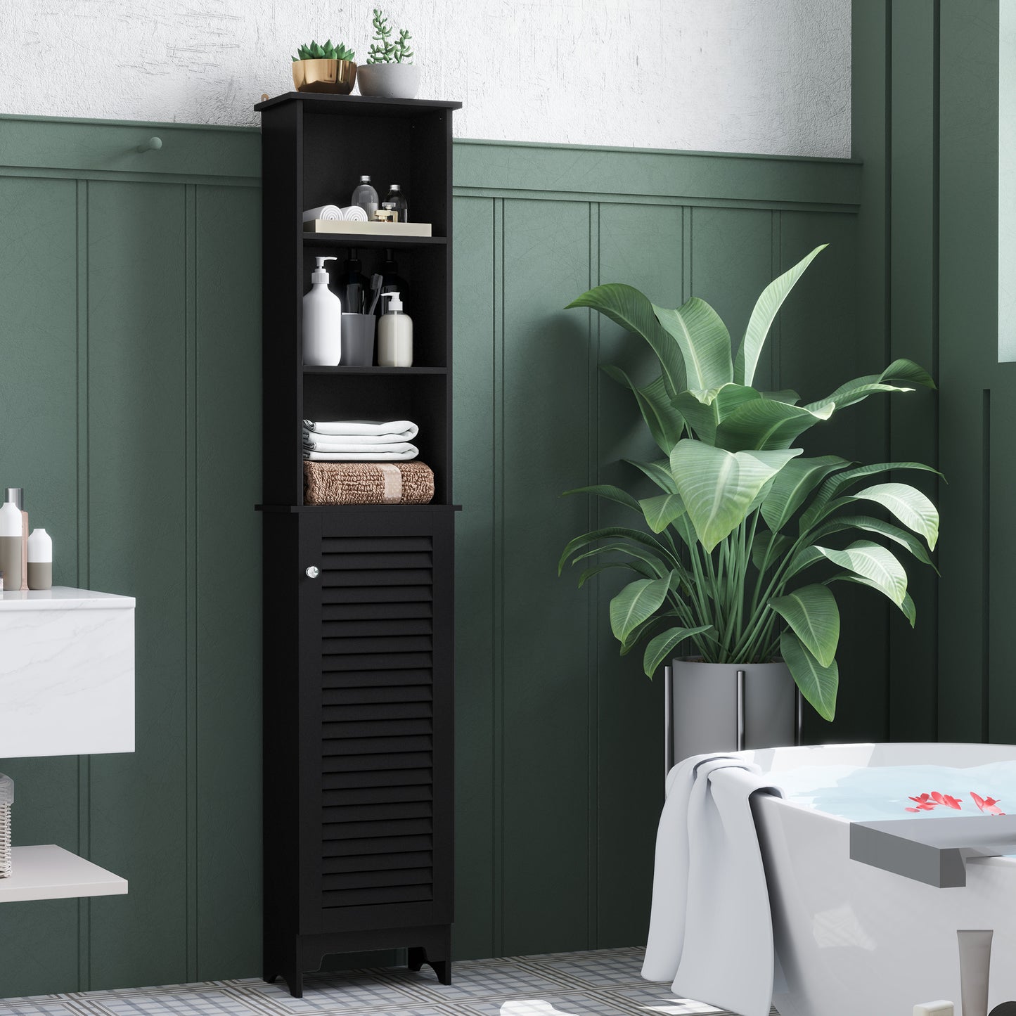 HOMCOM Tall Bathroom Storage Cabinet, Freestanding Linen Tower with 3-Tier Open Adjustable Shelf, White