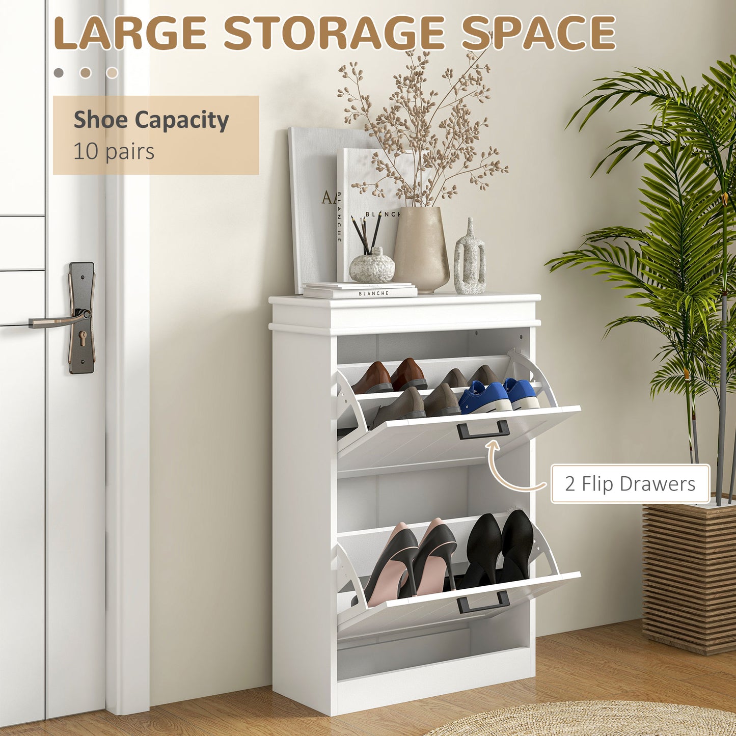 HOMCOM Shoe Storage Cabinet with 2 Flip Drawers and Adjustable Shelves, Narrow Shoe Cabinet for 10 Pairs of Shoes, Black