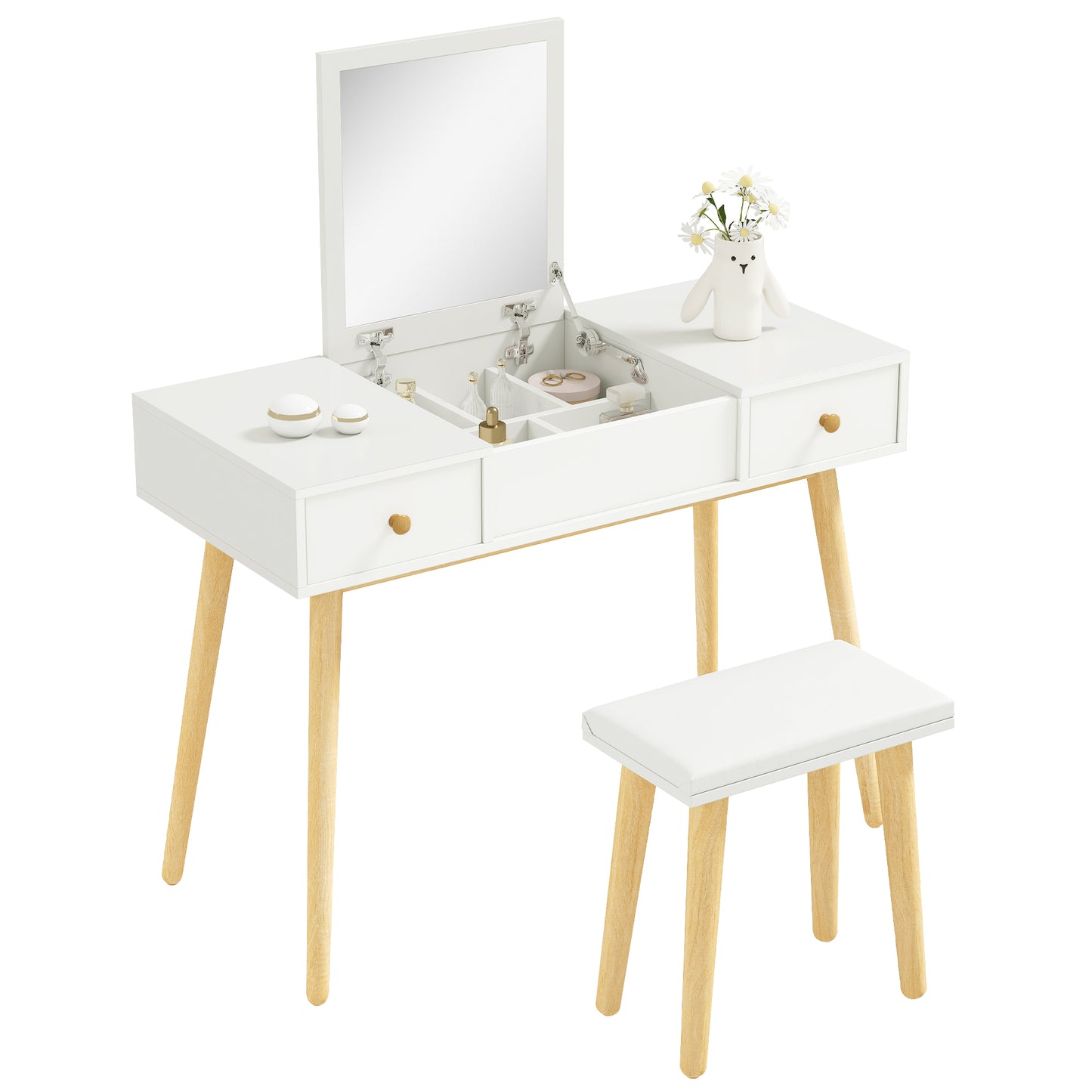 HOMCOM Makeup Vanity Desk with Flip Top Mirror and Cushioned Stool, Dressing Table Writing Desk with 2 Drawers and Storage Grids for Bedroom (White)