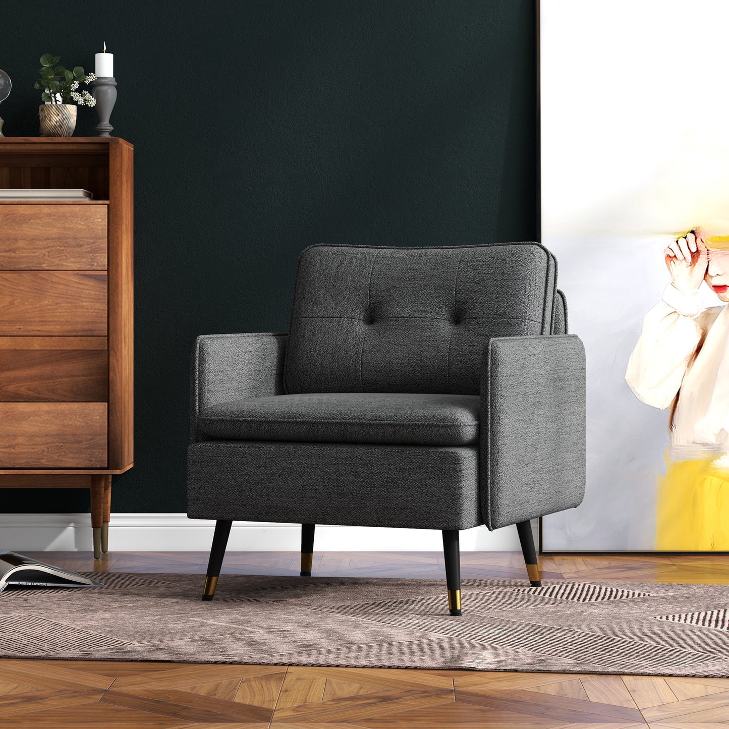 HOMCOM Modern Armchair, Upholstered Accent Chair with Tufted Back Cushion and Steel Legs for Living Room, Bedroom, Grey