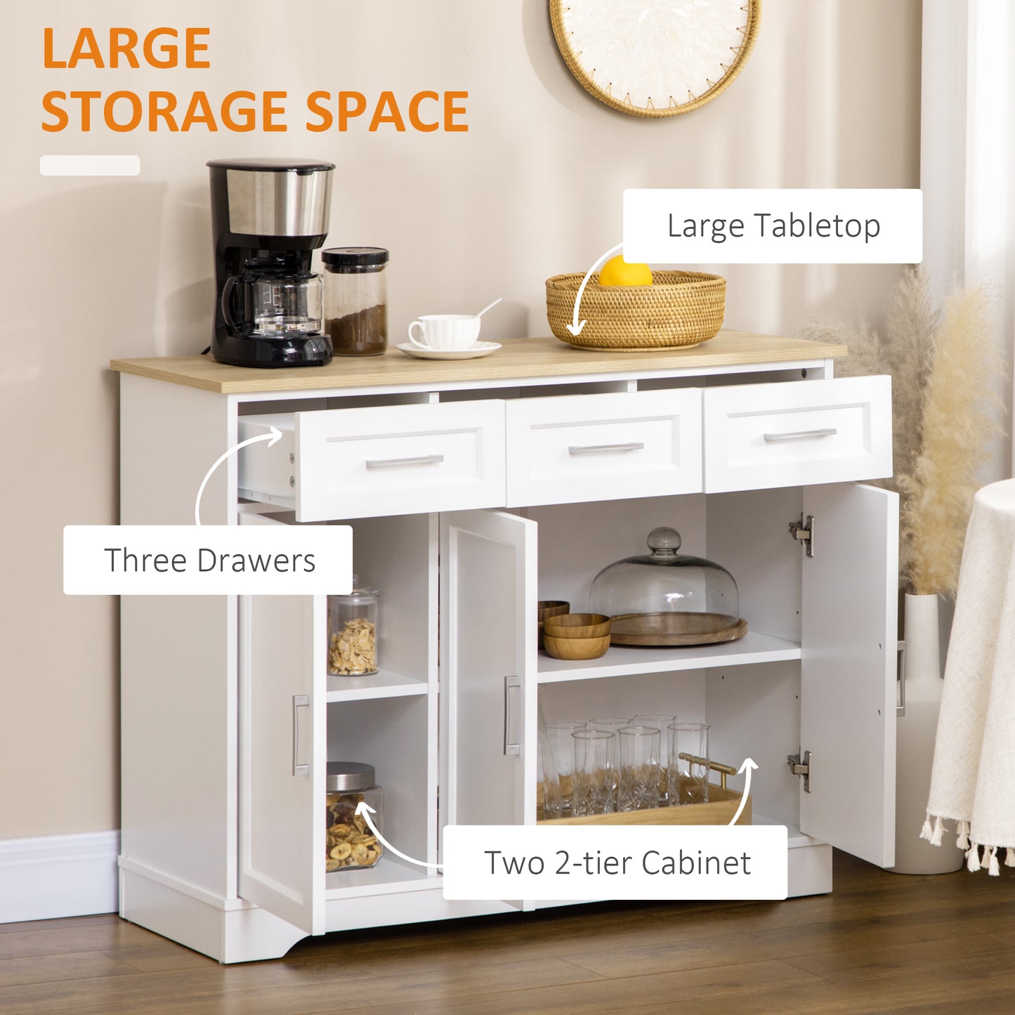 HOMCOM Sideboard Buffet Cabinet with 3 Drawers and Adjustable Shelves, Coffee Bar Cabinet for Kitchen, Dining Room, White