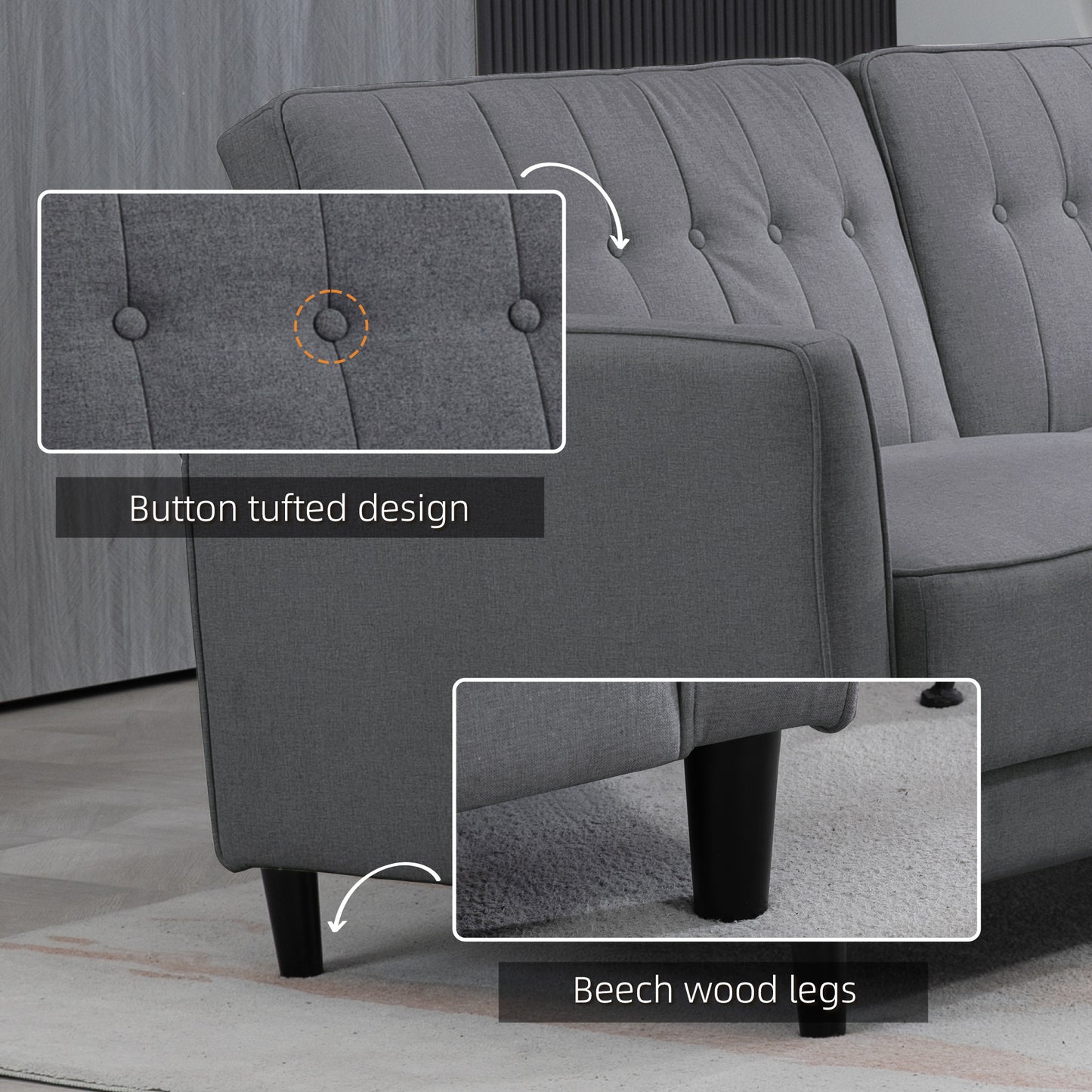HOMCOM Convertible Bed with Couch, Button Tufted Fabric Sofa Bed with Adjustable Back for Living Room, Charcoal Grey