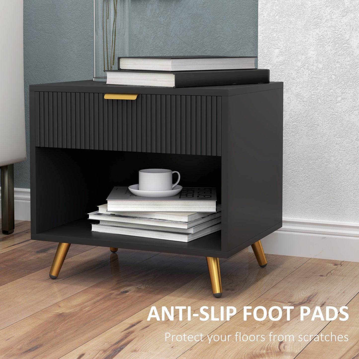 HOMCOM Nightstand with Fluted Panel, Bedside Table with Drawer and Open Compartment, Modern Night Table for Bedroom, Black
