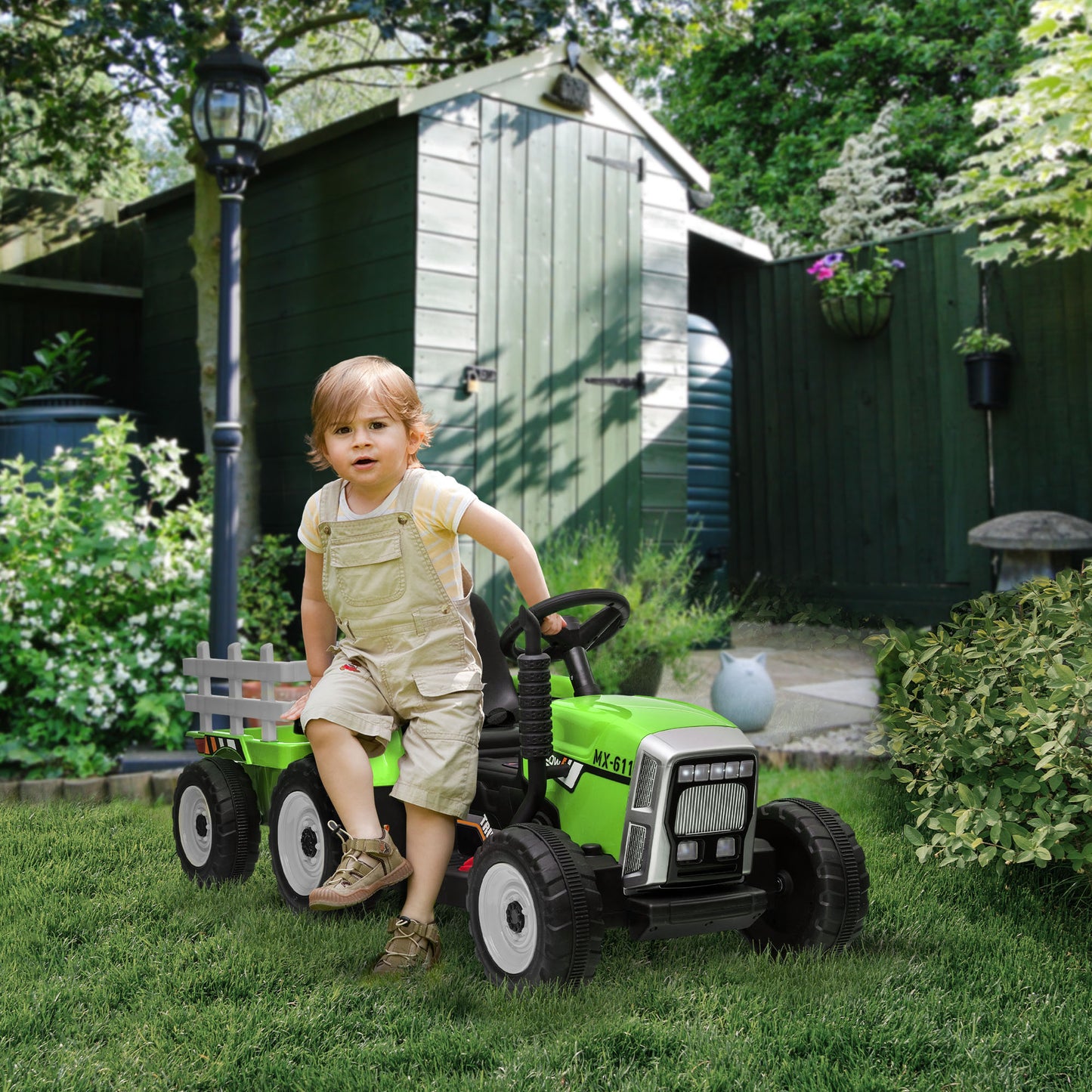 Aosom 12V Kids Ride on Tractor with Trailer, Remote Control, Music Start up Sound and Horn, USB, LED Lights, Red