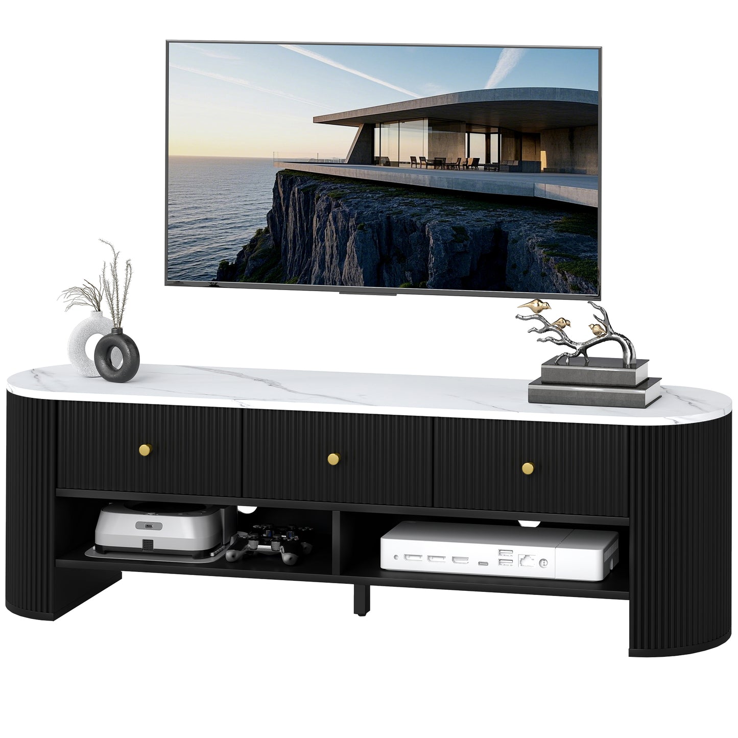 HOMCOM TV Stand, Modern TV Table with Marble-Effect Top, 3 Drawers and 2 Open Shelves for 32-65 Inch Television, Natural