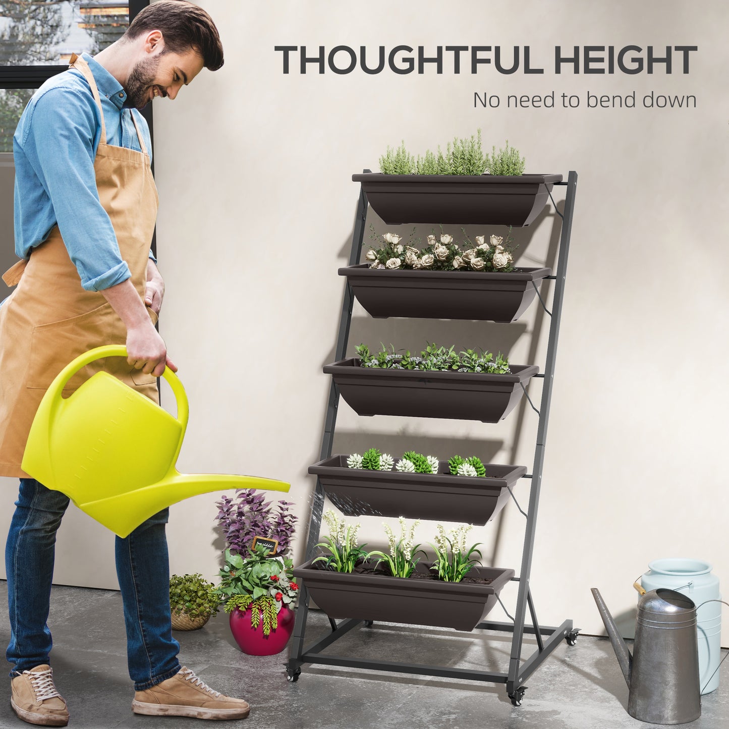 Outsunny 5-Tier Vertical Raised Garden Planter with 5 Boxes, Wheels, Outdoor Plant Stand for Vegetable Flowers, Brown