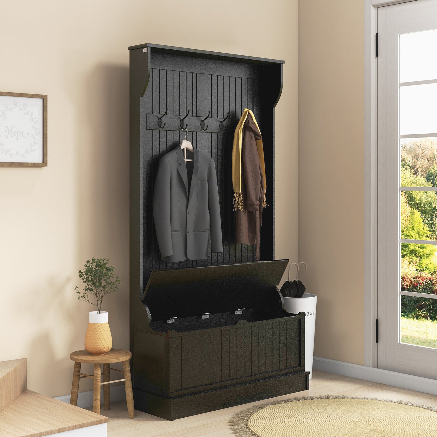 HOMCOM 3-In-1 Hall Tree w/ Coat Rack, Shoe Storage and Bench Seat, Entryway Bench w/ 4 Hooks for Hallway, Living Room, White