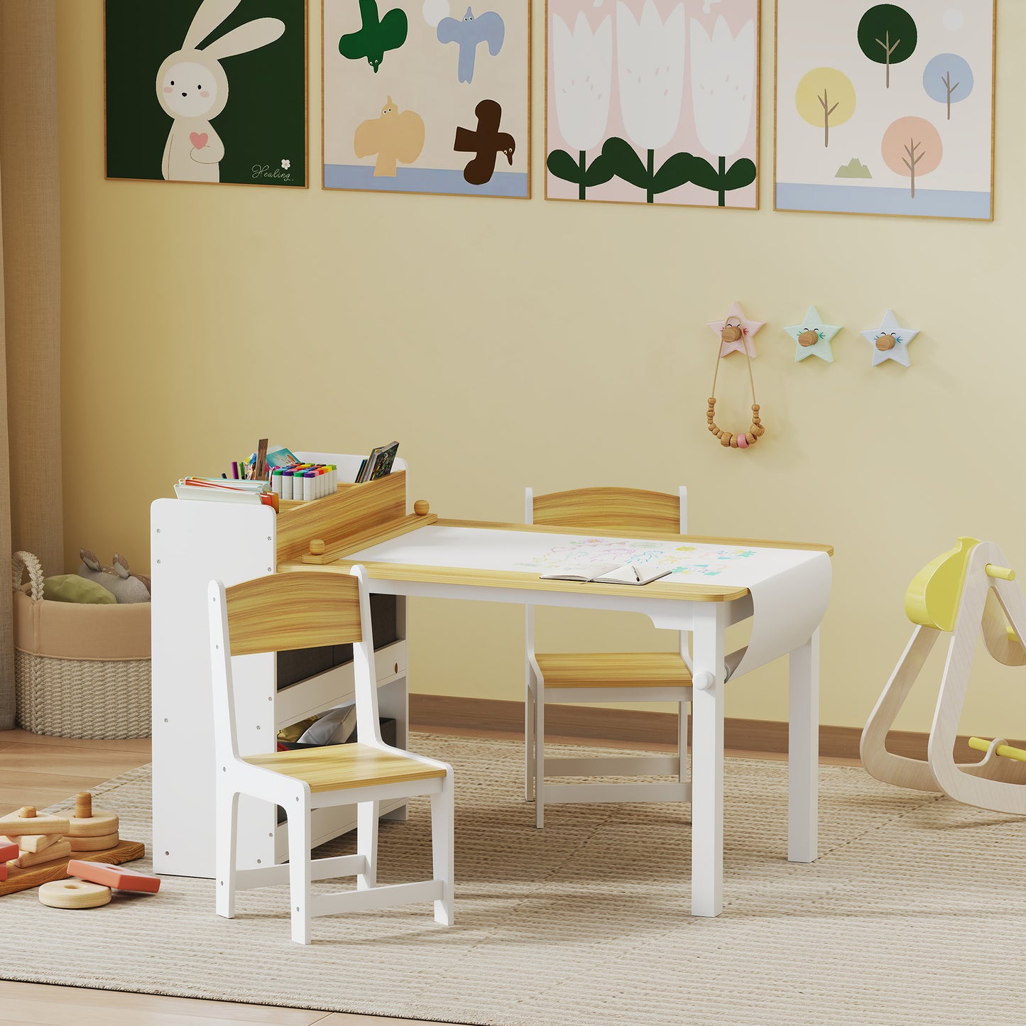 Qaba Kids Table and Chairs Set, Toddler Art Table and Chair Set with Paper Roll, Storage Shelves and Drawers, Grey