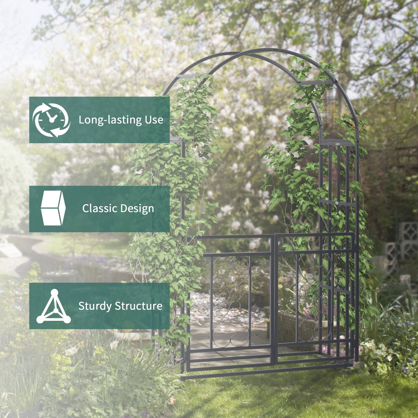 Outsunny 6.7 FT Steel Garden Arch with Gate Outdoor Courtyard Arbor for Climbing Vine Plants Lawn Backyard Decoration Dark Grey