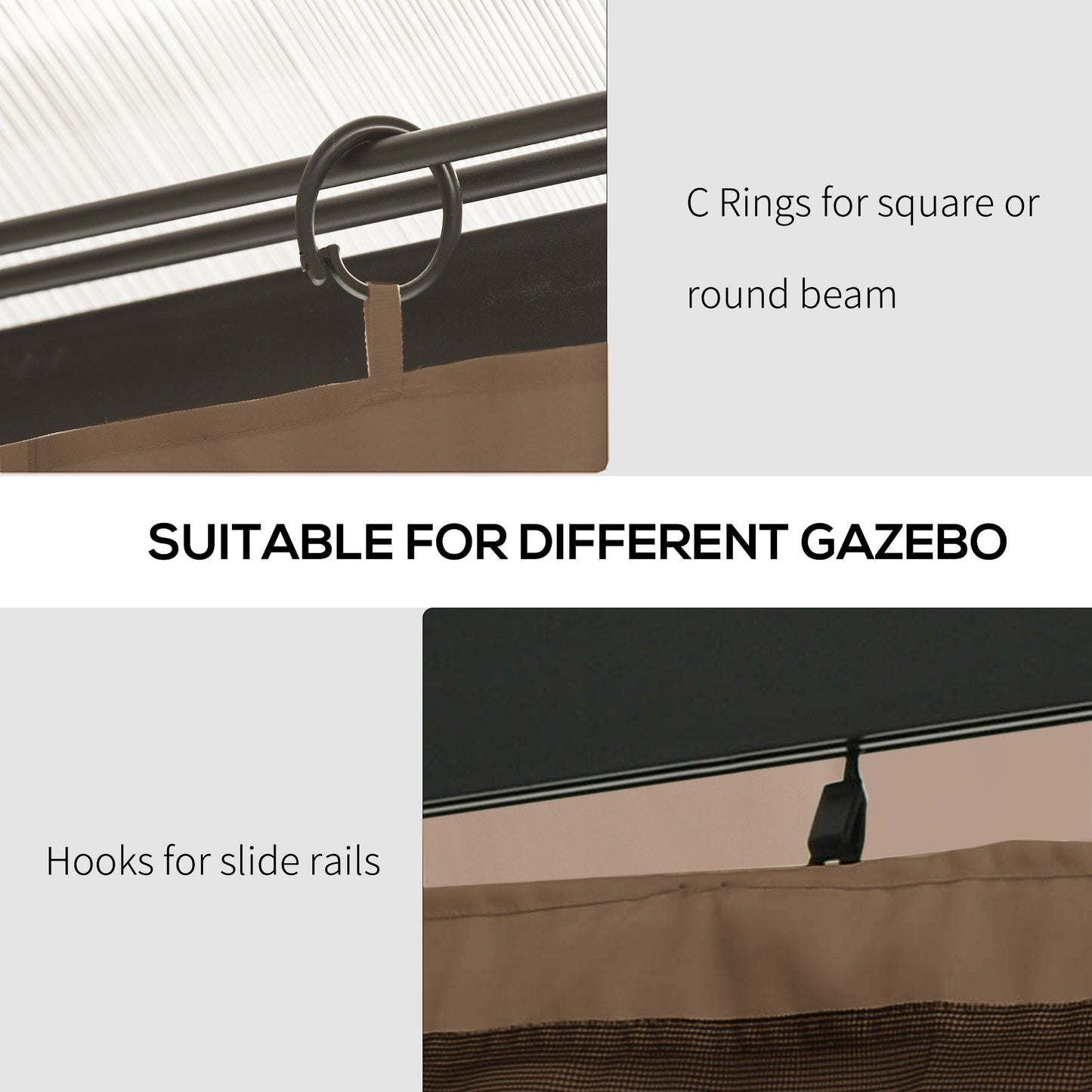 Outsunny 10' x 10' Universal Gazebo Sidewall Set with 4 Panels, Hooks/C-Rings Included for Pergolas & Cabanas, Beige