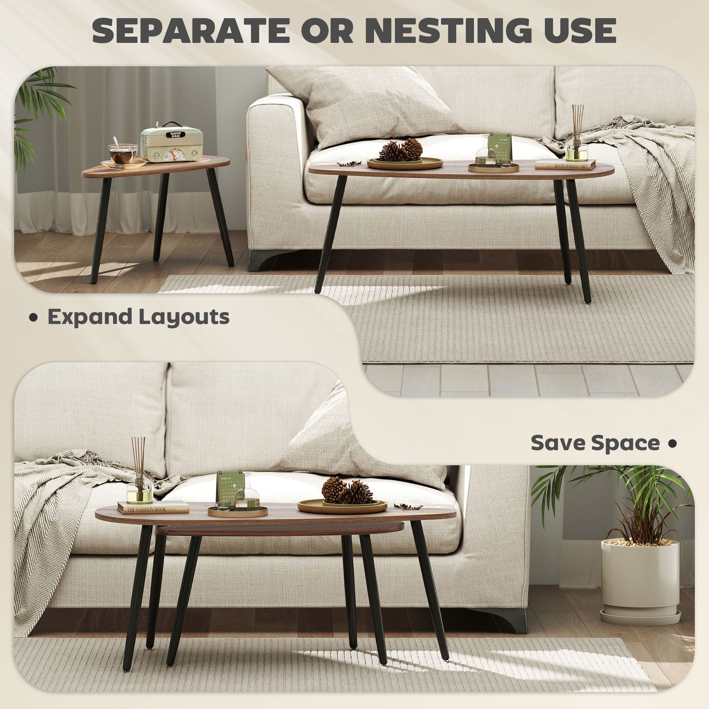 HOMCOM 2 Pieces Coffee Table Set for Living Room, Industrial Nest of Tables with Steel Legs, Brown