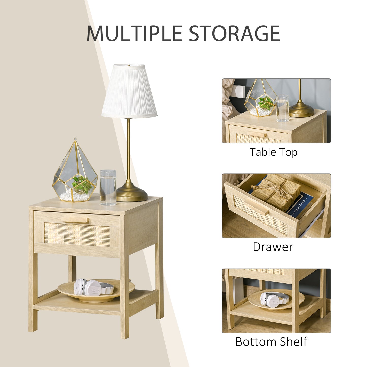 HOMCOM Narrow Nightstand with Rattan Elements, Bedside Table with Drawer and Storage Shelf for Bedroom, Natural