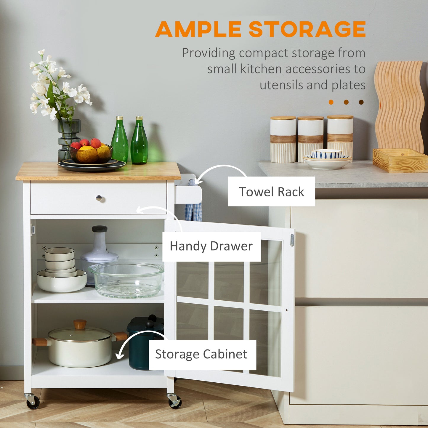 HOMCOM Rolling Kitchen Cart with Drawer and Glass Door Cabinet, Kitchen Island on Wheels with Towel Rack, White