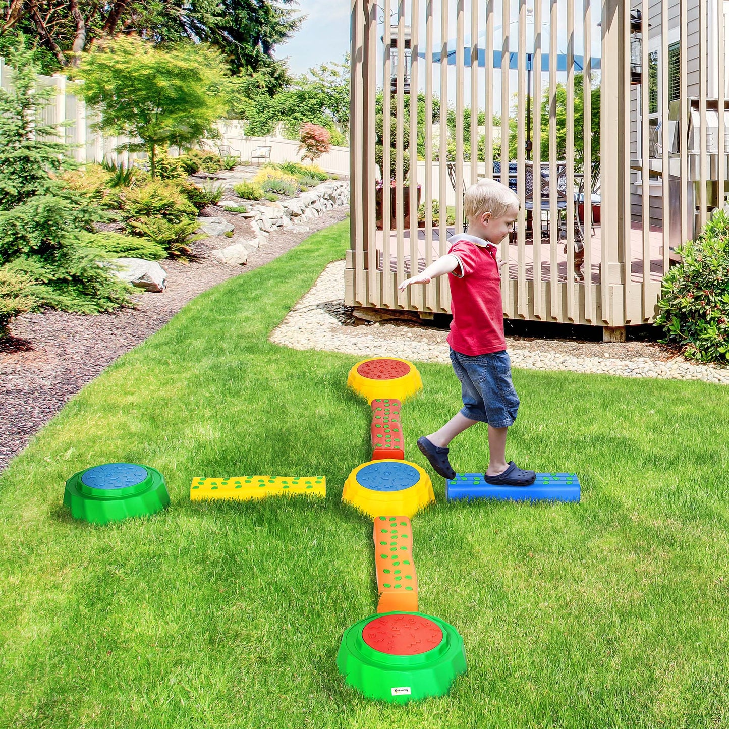 Outsunny 8pcs Balance Beam for Kids, 4 Sensory Pads and 4 Beams with Non-slip Surface & Bottom, Stackable Stepping Stones Kids for Boys Girls 3-6 Years, Multicoloured