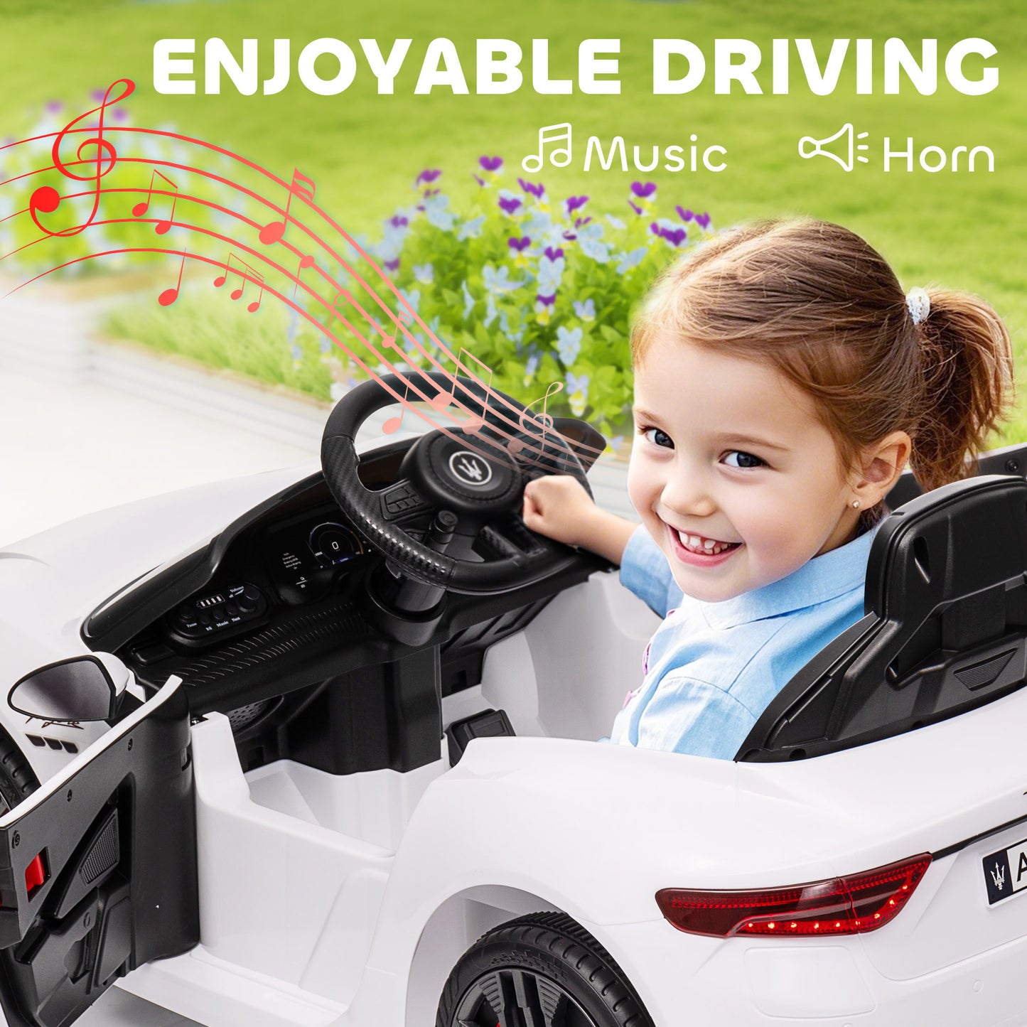 Qaba 12V Maserati Gran Turismo Licensed Kids Electric Car w/ Remote Control, Soft Start, LED Lights, Music, Horn, MP3, White