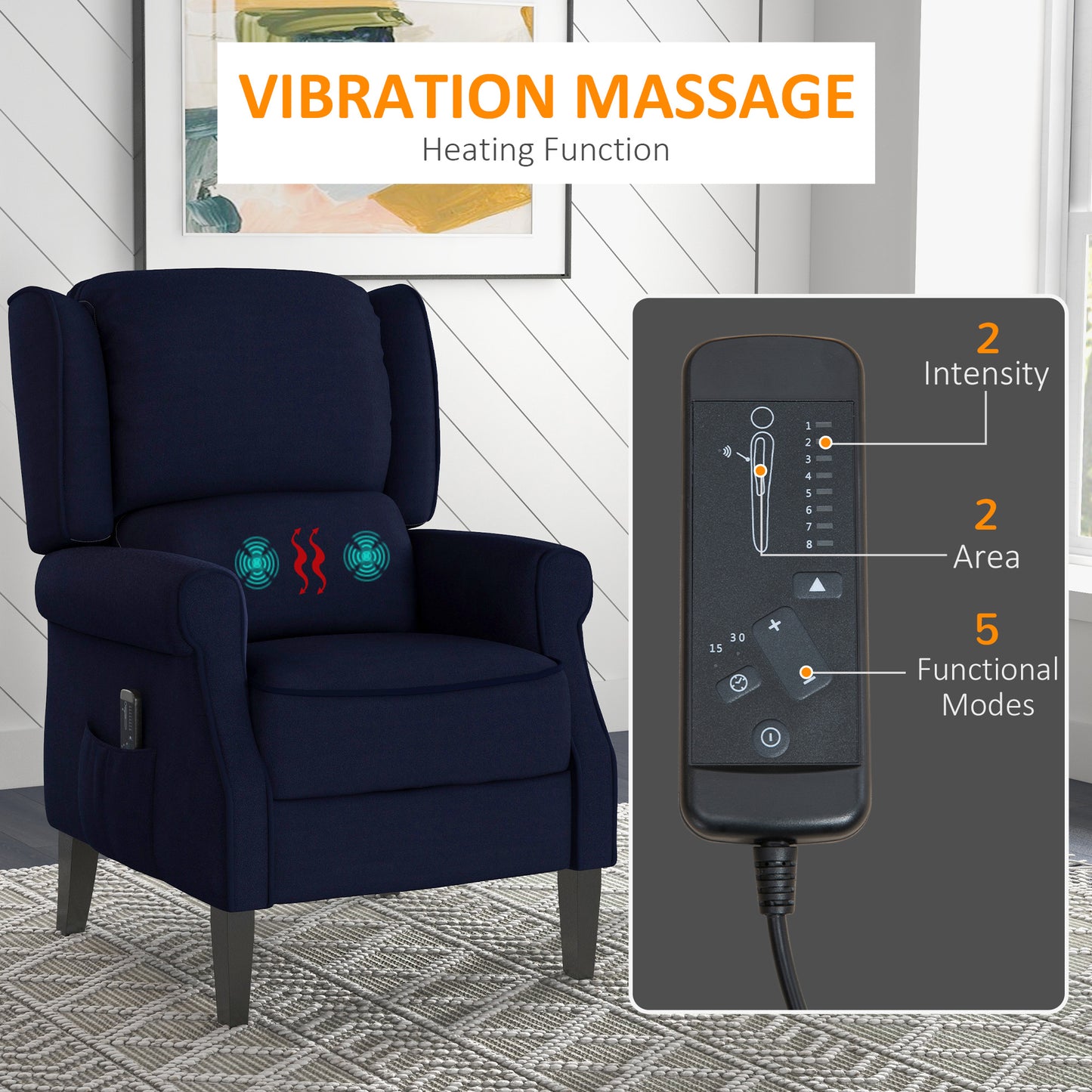 HOMCOM Massage Recliner Chair for Living Room, Push Back Recliner Sofa, Suede Wingback Reclining Chair with Extendable Footrest, Wood Legs, Remote Control, Side Pockets, Black