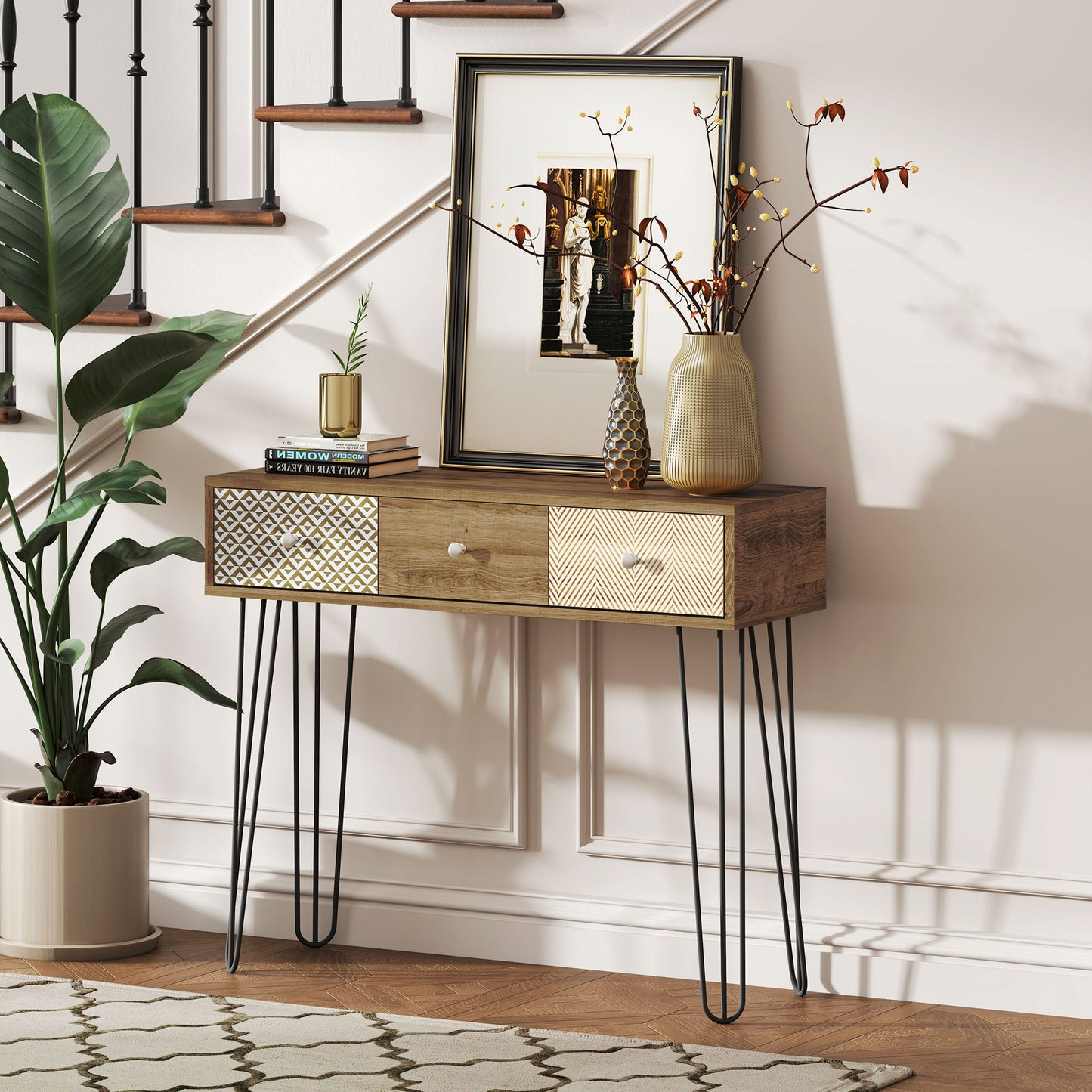 HOMCOM Narrow Console Table with Drawers, 35" Entryway Table with Hairpin Legs for Hallway, Foyer, Living Room, Brown