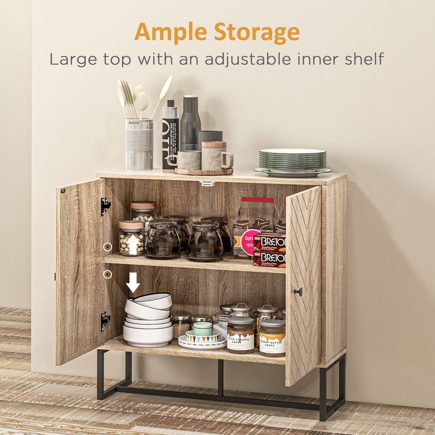 HOMCOM Modern Sideboard, Buffet Cabinet with 2 Chevron Doors and Adjustable Shelf, Kitchen Storage Cabinet with Steel Base, Coffee Bar Cabinet, 31.5" H, Oak
