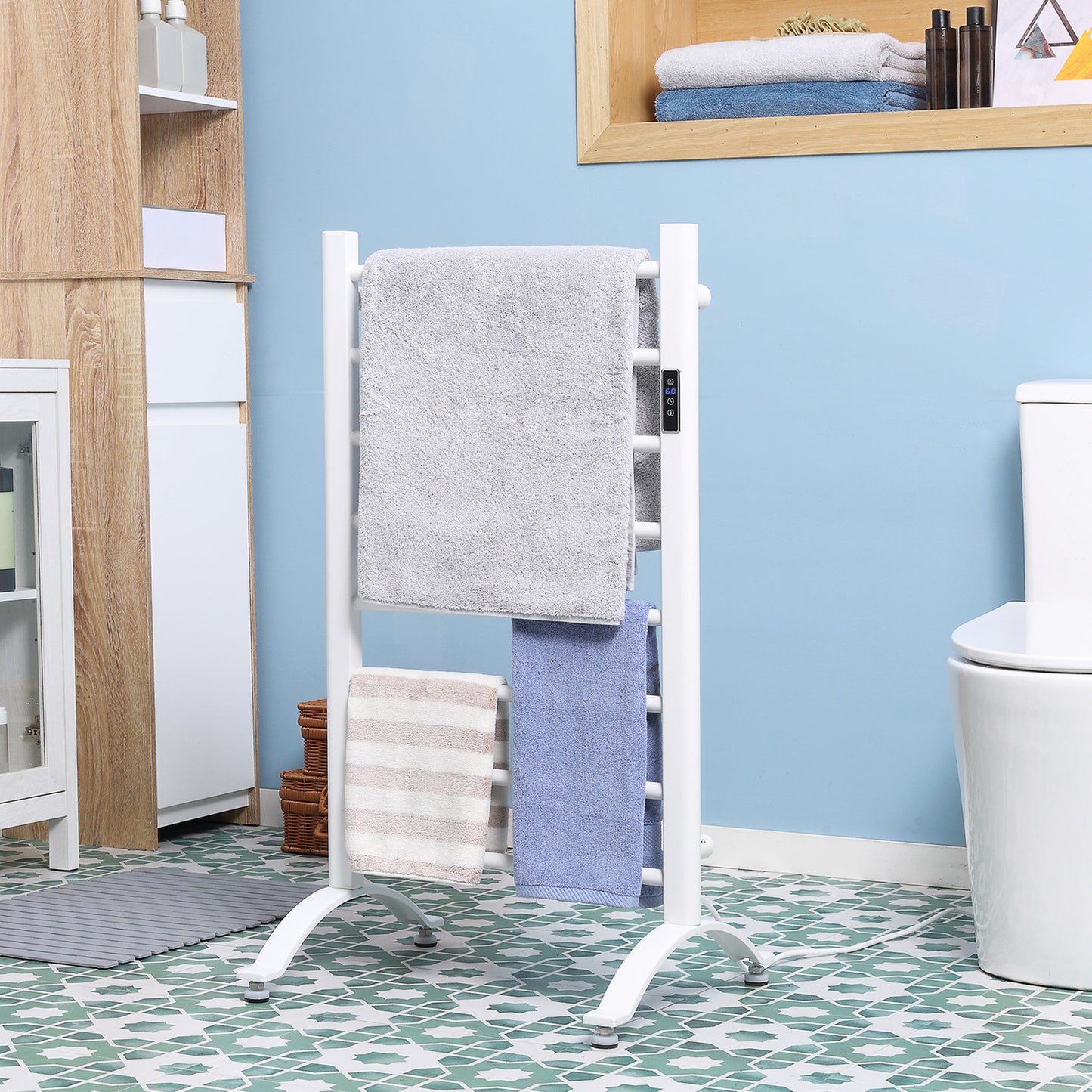 HOMCOM 8-Bar Heated Towel Warmer Rack with Built-in Timer and LED Indicators, Wall Mounted & Free Standing Carbon Steel Electric Towel Bar with Adjustable Temperature, White
