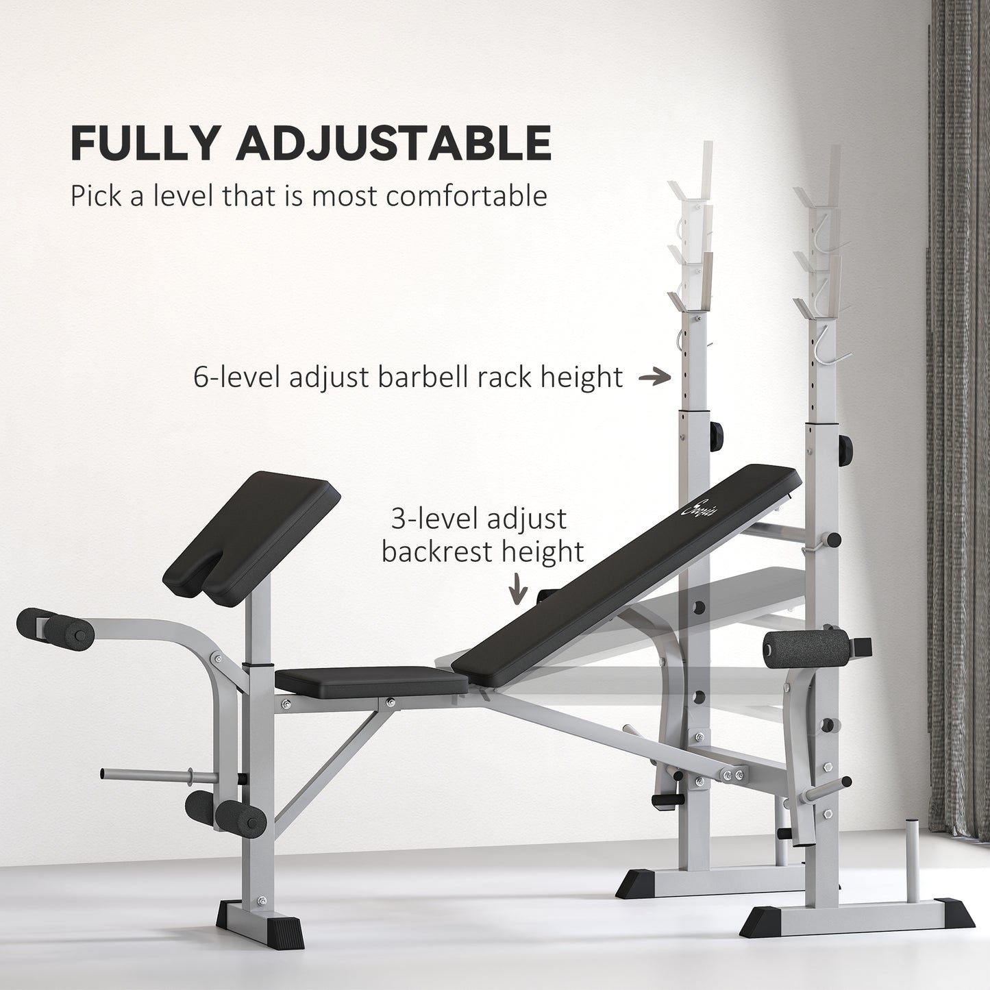 Soozier Bench Press Set Adjustable Weight Bench with Squat Rack, Preacher Curl Pad, Leg Developer and Weight Storage, White