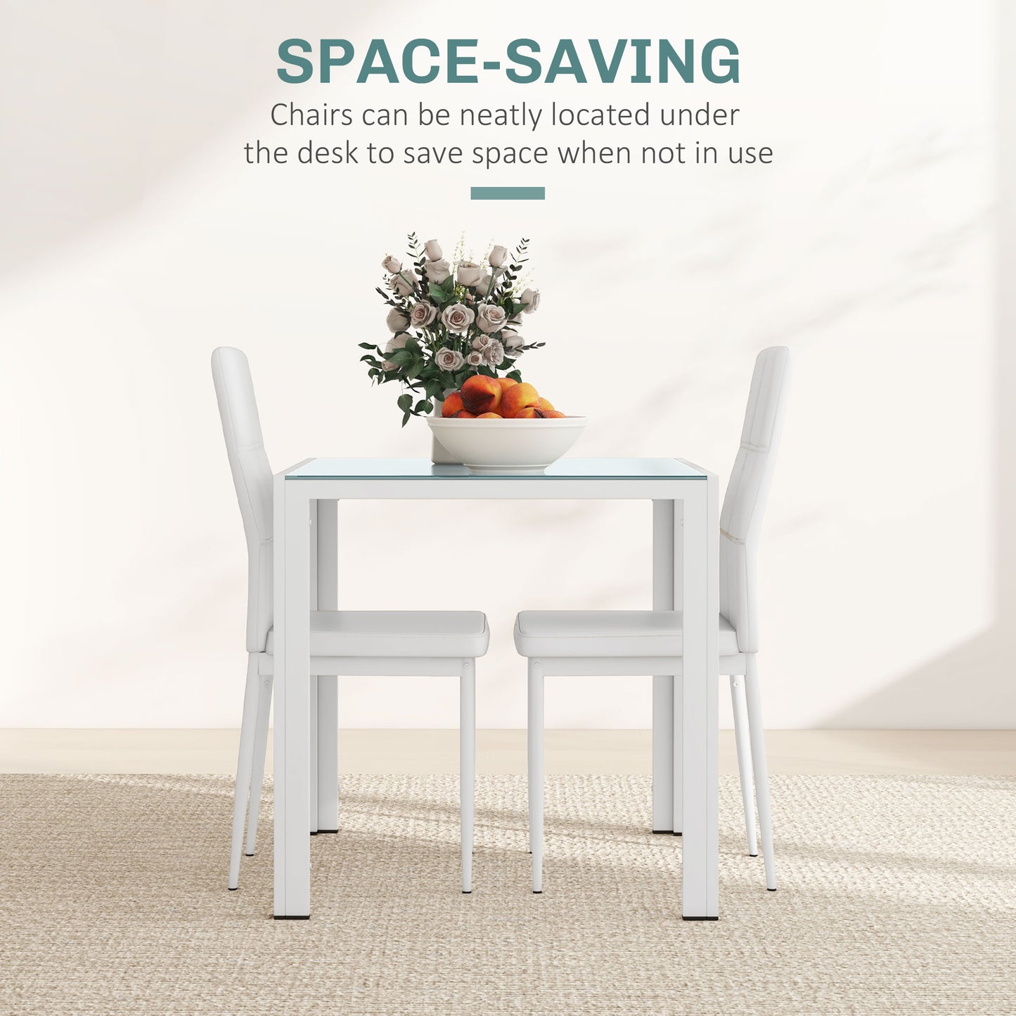 HOMCOM 5-Piece Rectangular Glass Kitchen Table and Chairs with Metal Frame and Faux Leather Upholstery for Dining Room, White