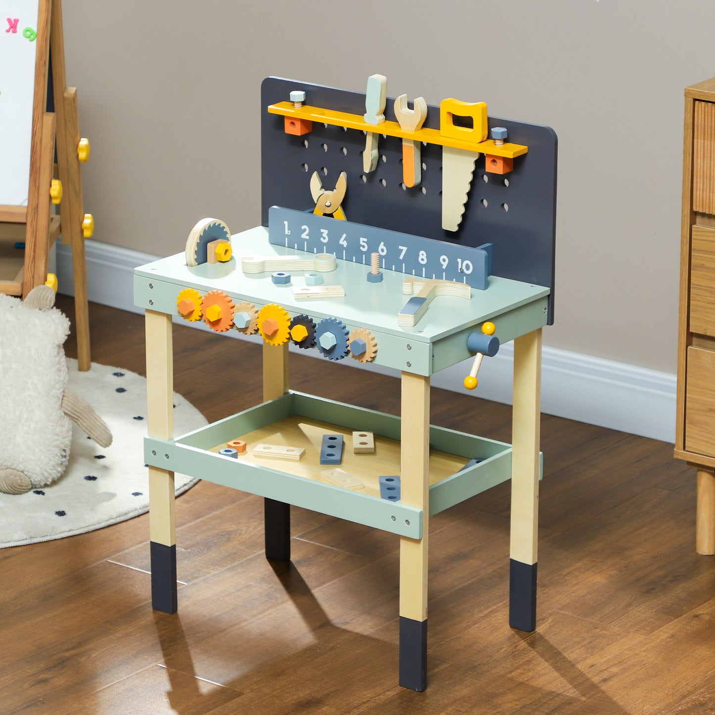 Qaba 49 Piece Kids Workbench Playset for Boys Girls 3-6 Years, Light Blue