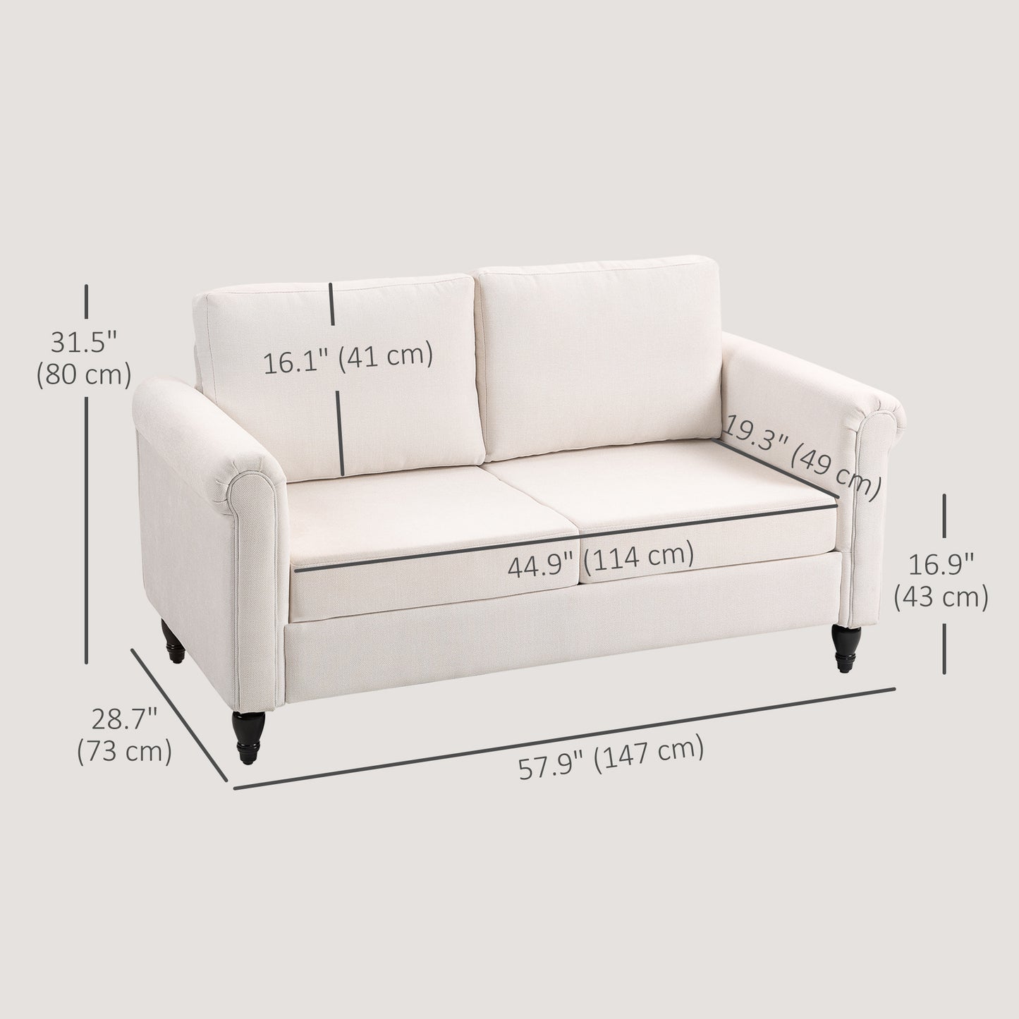 HOMCOM Vintage Loveseat, Upholstered Love Seat Furniture, Chenille-feel Fabric 2 Seater Sofa Couch with Rolled Arms, Gourd-Shaped Rubber Wood Legs for Living Room, Dark Grey