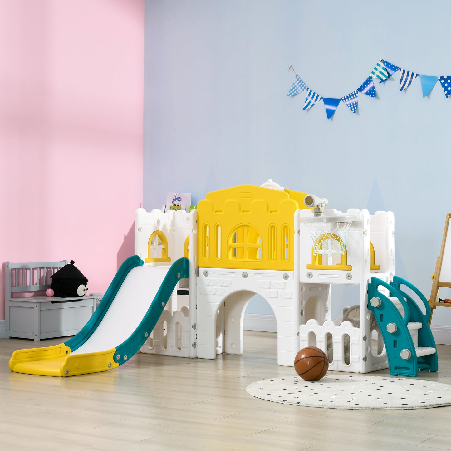 Qaba 7 in 1 Toddler Slide with Basketball Hoop, Climber, Telescope, Tunnel, Steering Wheel, for 1-3 Years, Yellow