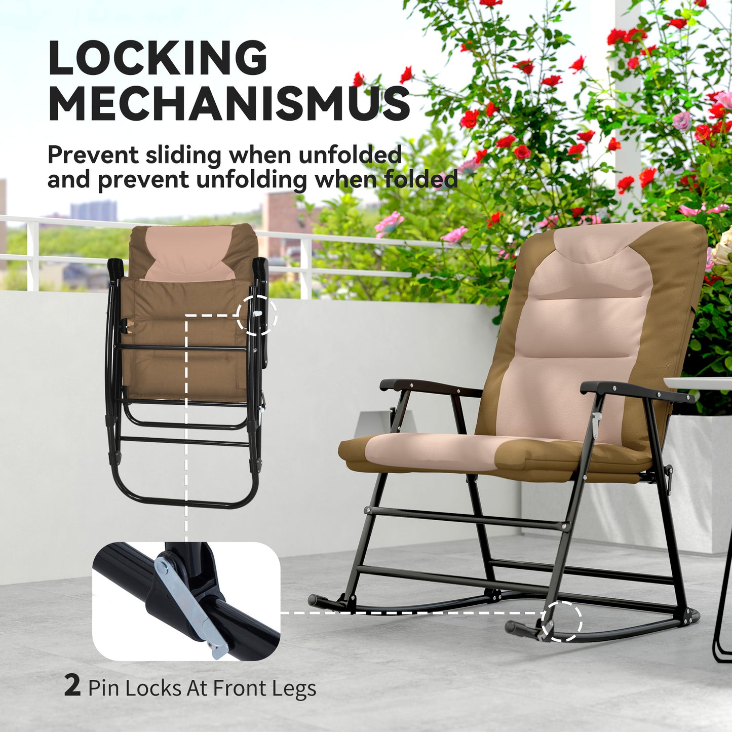 Outsunny Folding Rocking Chair Set of 2 Padded Rockers with Armrest, Light Brown