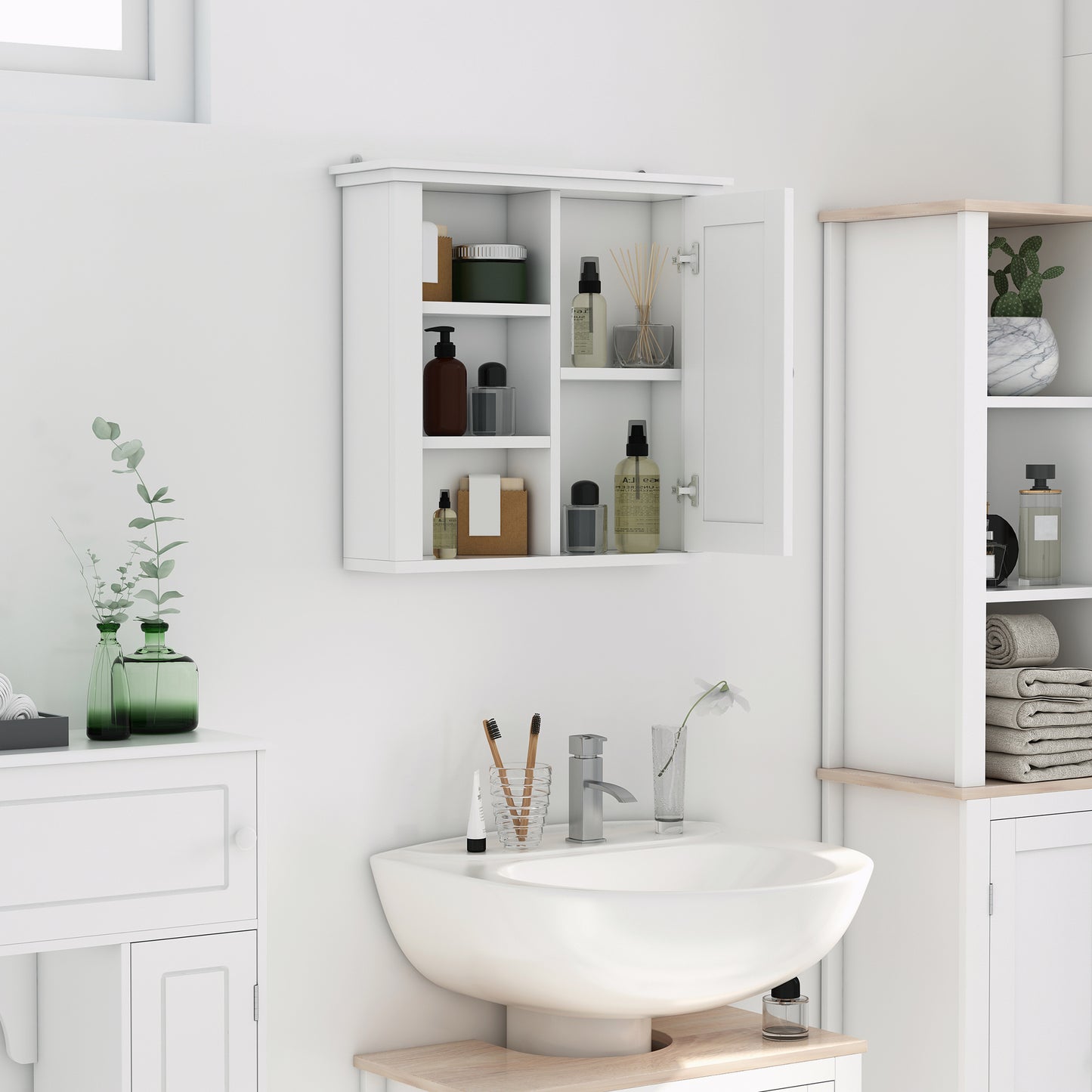 HOMCOM Bathroom Wall Cabinet, Wall Mounted Medicine Cabinet with 3 Open Shelves and Storage Cupboard for Laundry Room, White