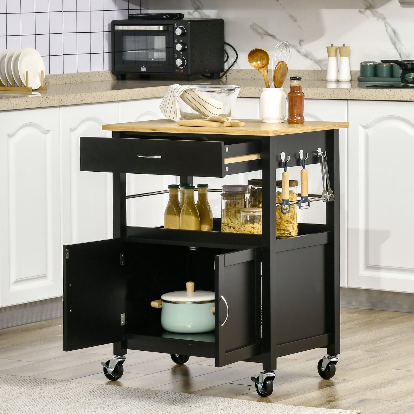 HOMCOM Kitchen Cart, Utility Trolley, Small Kitchen Island with Storage Drawer & Side Hooks for Dining Room, White
