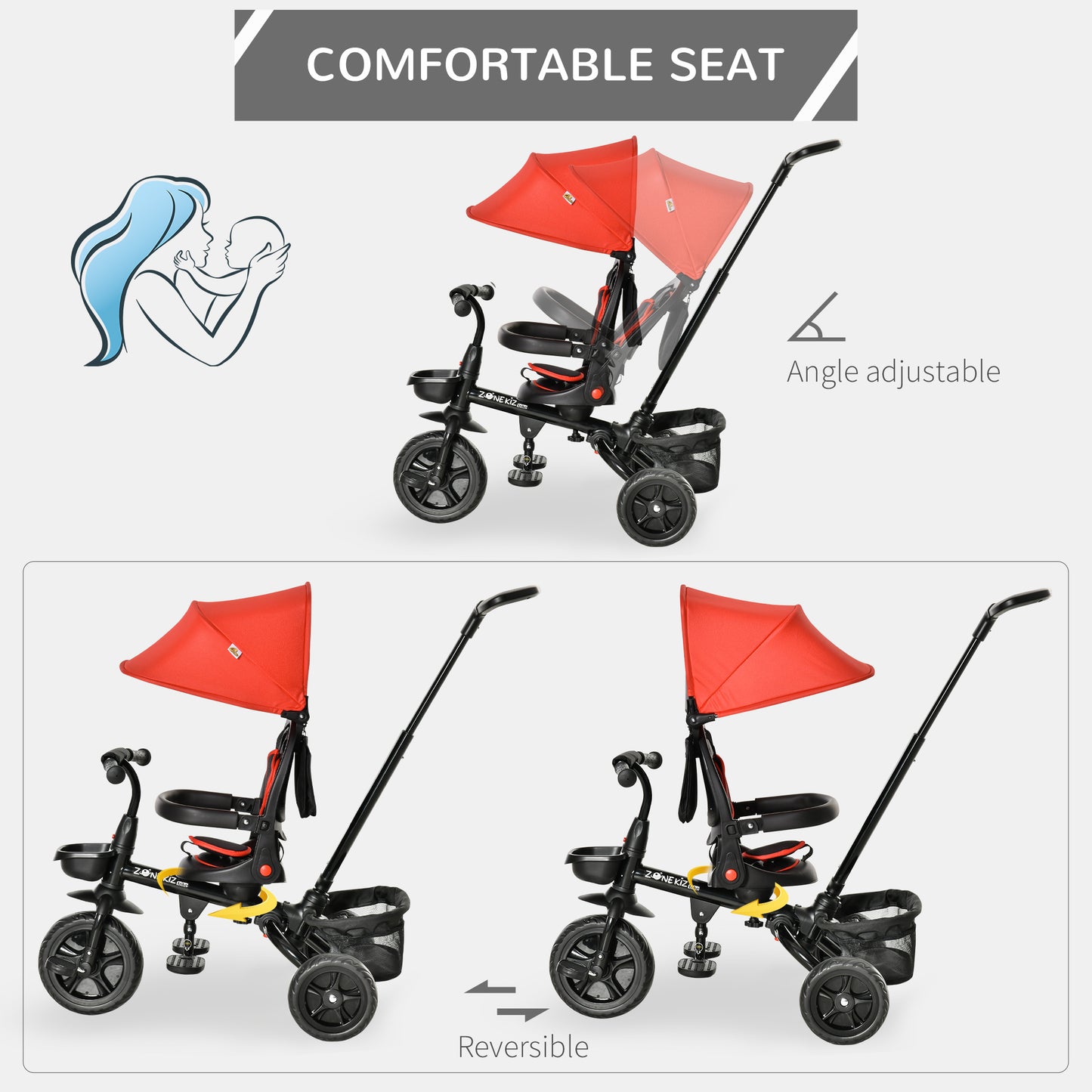 Qaba Tricycle for Toddler 4 in 1 Kids Trike with Reversible Adjustable Seat, Baby Push Bike with Removable Handle, Canopy, Belt Storage Brake Clutch for 1-5 Years, Red