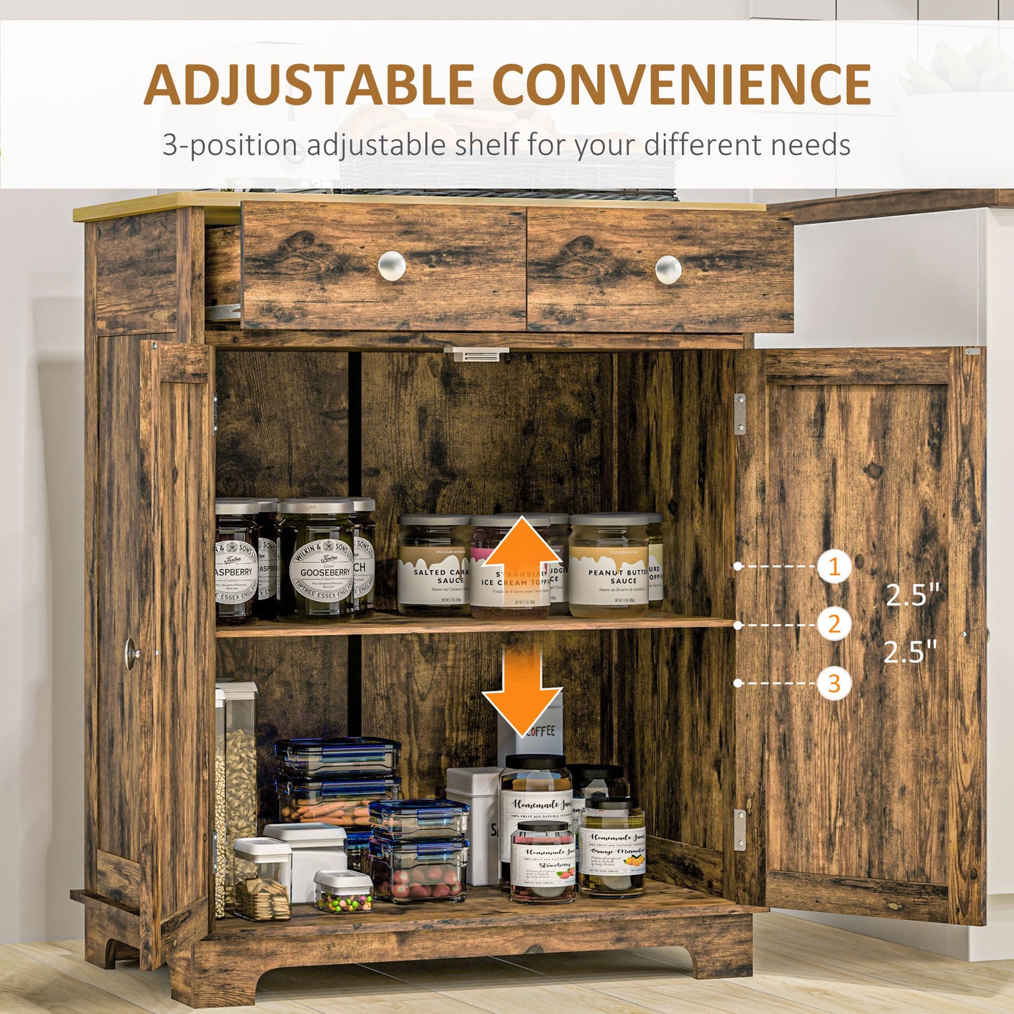 HOMCOM Sideboard Buffet Cabinet with Storage, 27" Kitchen Cabinet with Adjustable Shelf, 2 Drawers and 2 Doors, Coffee Bar Cabinet with Rubberwood Tabletop, White