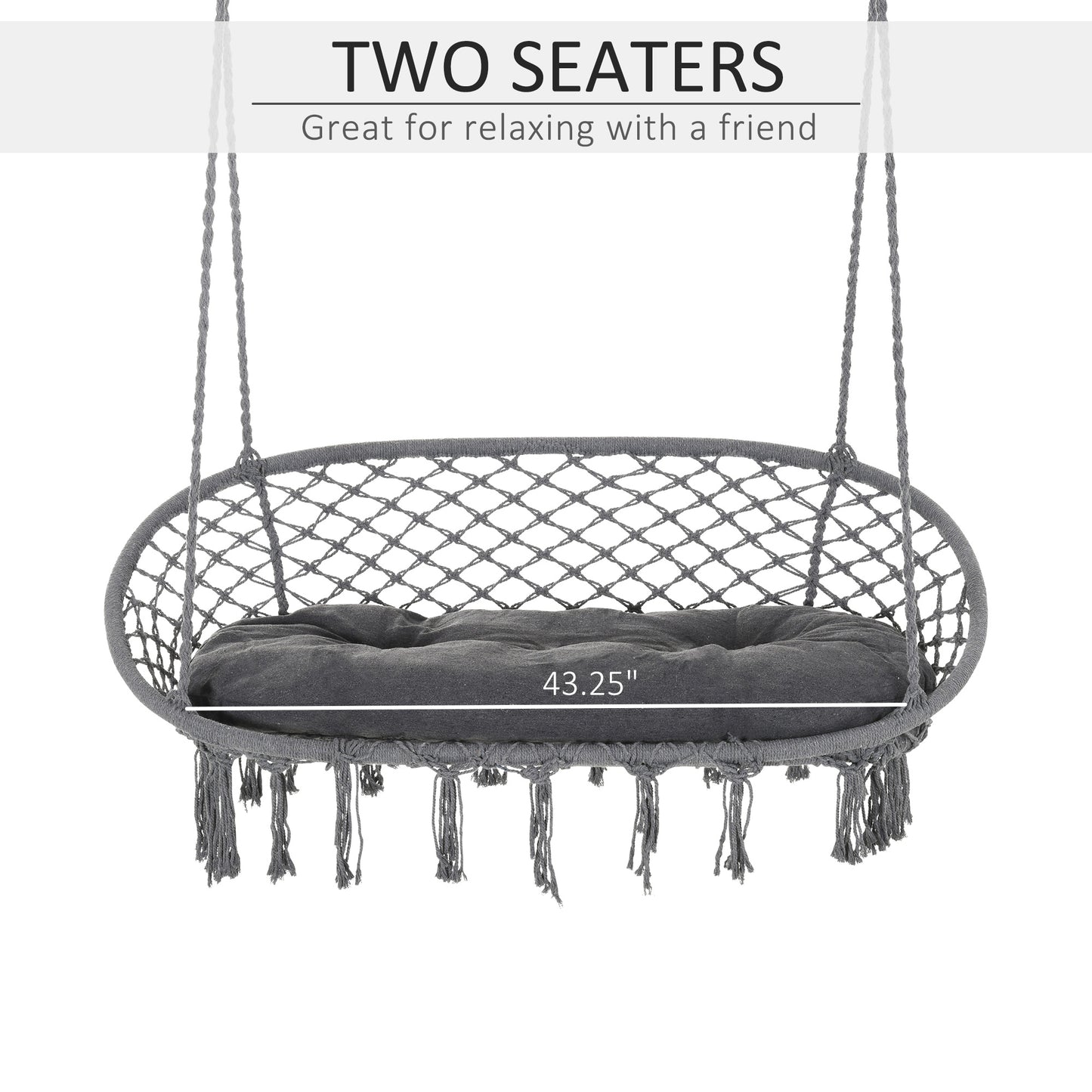 Outsunny Patio Hammock Chair 2 Seat, Hanging Rope Hammock Swing Chair with Metal Frame and Cushion, Large Macrame Seat for Indoor and Outdoor 396 lbs Capacity, Dark Grey