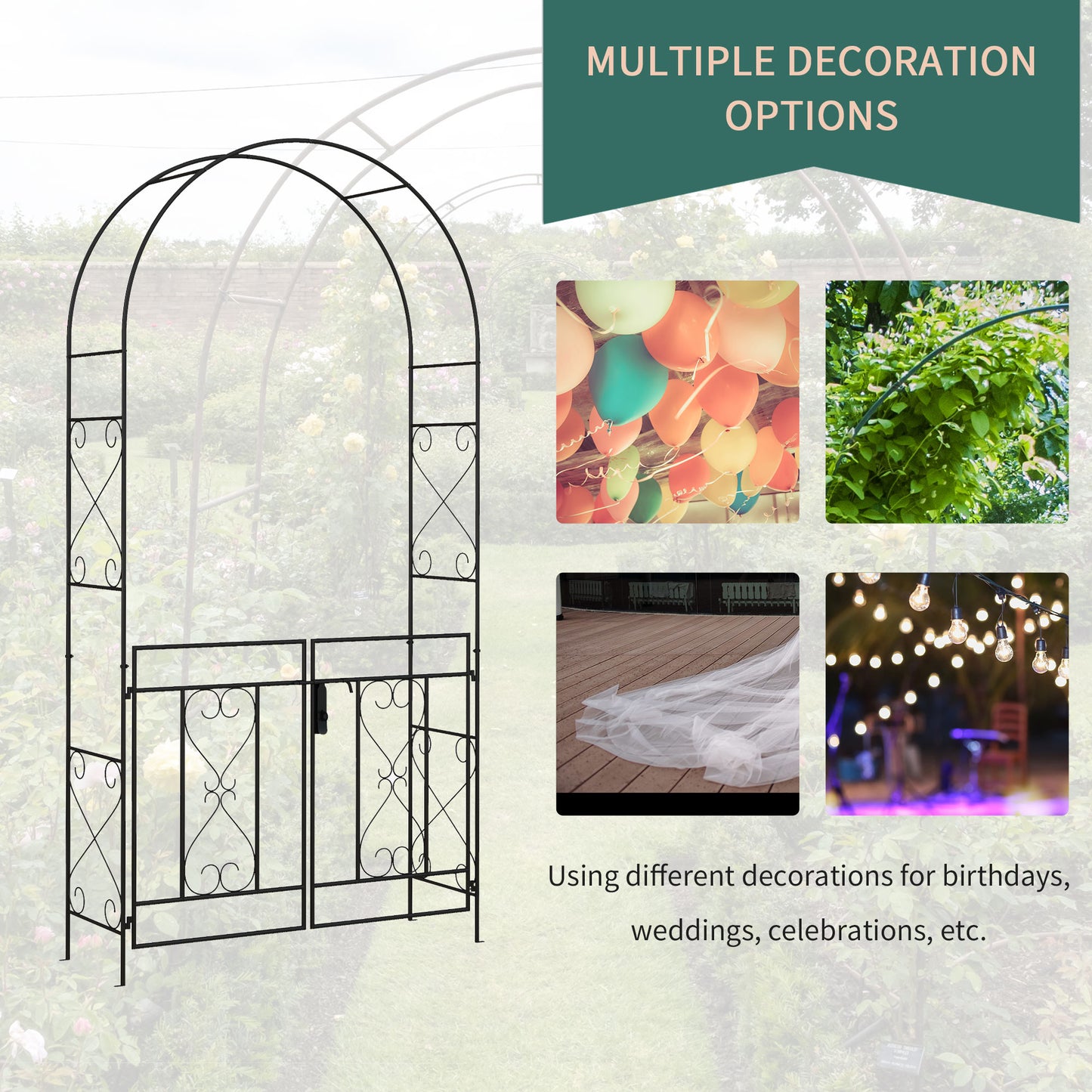 Outsunny 7.6FT Metal Garden Arch with Gate, Garden Arbor Trellis for Climbing Plants, Roses, Vines, Wedding Arch, Black